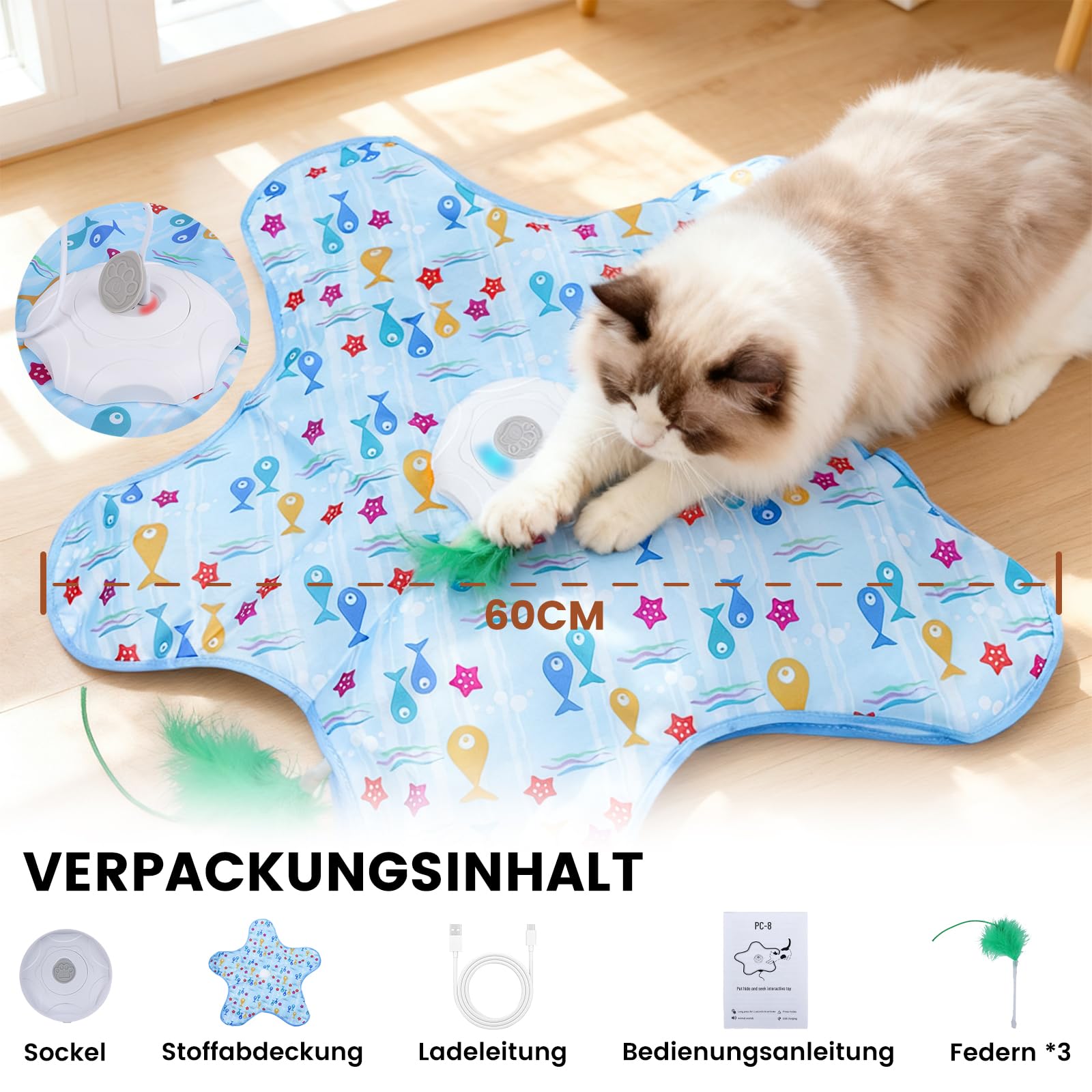 FIVAVA Jouet Chat Interactif,Jouet pour Chat Rechargeable et Silencieux,Jeux pour Chat de Chasse avec 3 Plumes Remplaçables