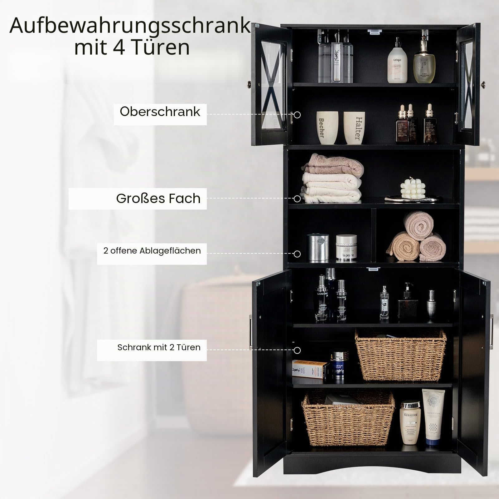 LIFEZEAL Badezimmerschrank Hoch, Freistehender Badschrank mit 4 Türen, Hochschrank mit verstellbaren Regalen, Küchenschrank Organizer für Küche, Bad, Wohnzimmer, 60 x 30 x 145 cm (Schwarz)