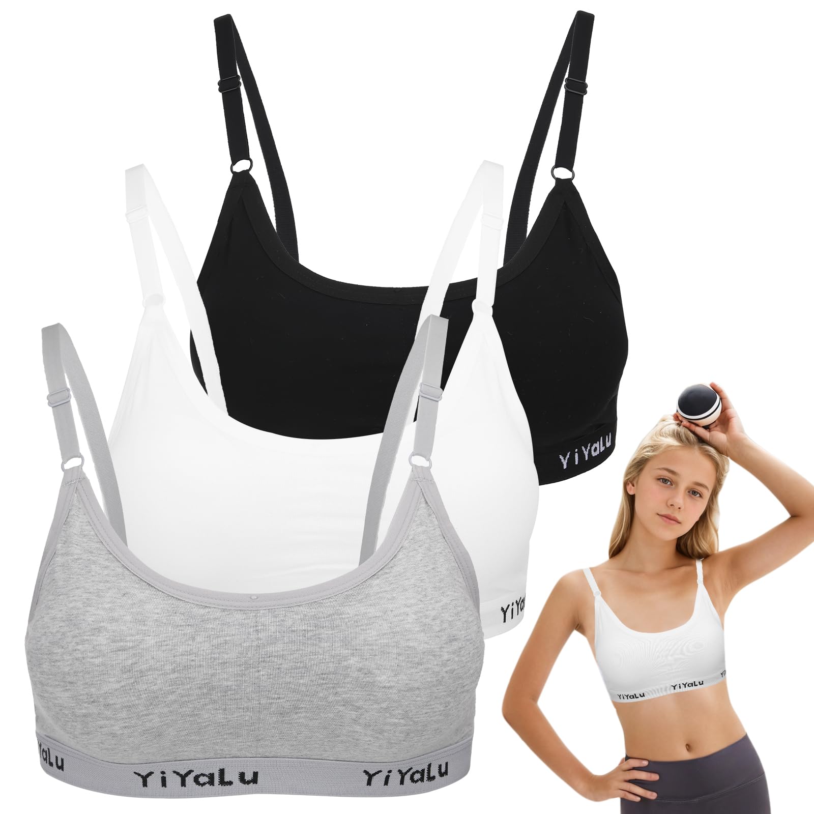 3 Pcs Teen Girls Bra, Sports Bras Age 10-15, Training Bra with Removable Pad, Crop Top for Kids Black White Grey