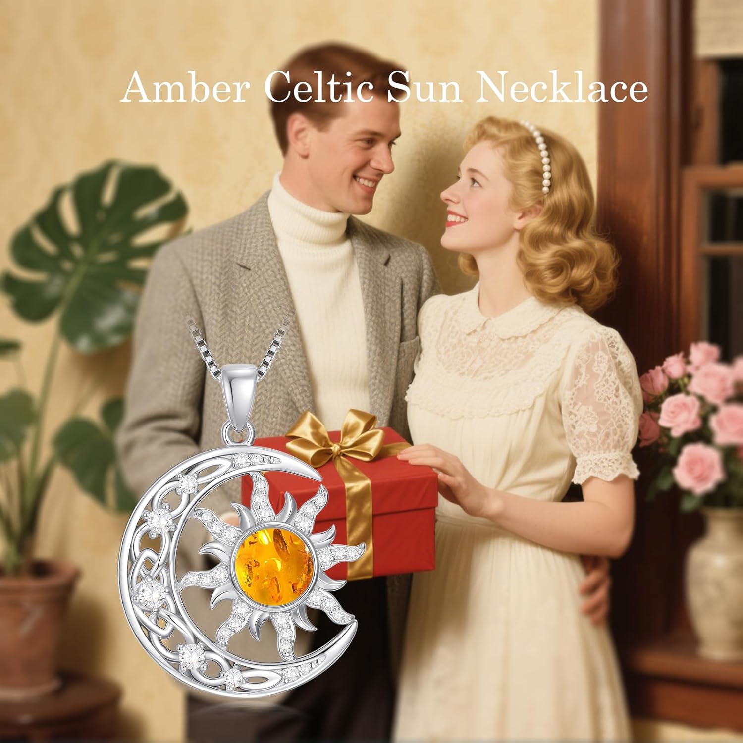 Celtic Knot Crescent Moon and Sun Necklace, 925 Sterling Silver Natural Amber Pendant, Mystical Celestial Jewelry Gift for Women - Image 6