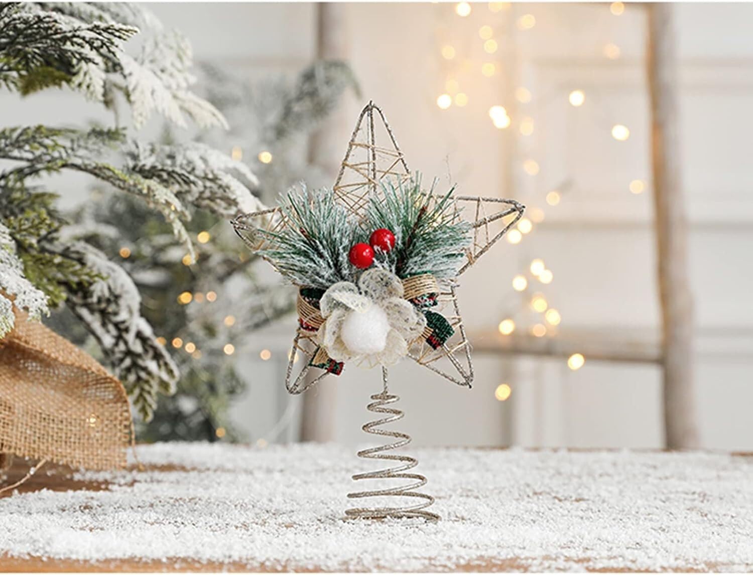 Árbol de Navidad Topper estrella iluminada árbol T Adorno for árbol de Navidad, estrella de Metal con purpurina, adorno for árbol con bayas rojas y ramas de pino, adornos rústicos naturales for copa d