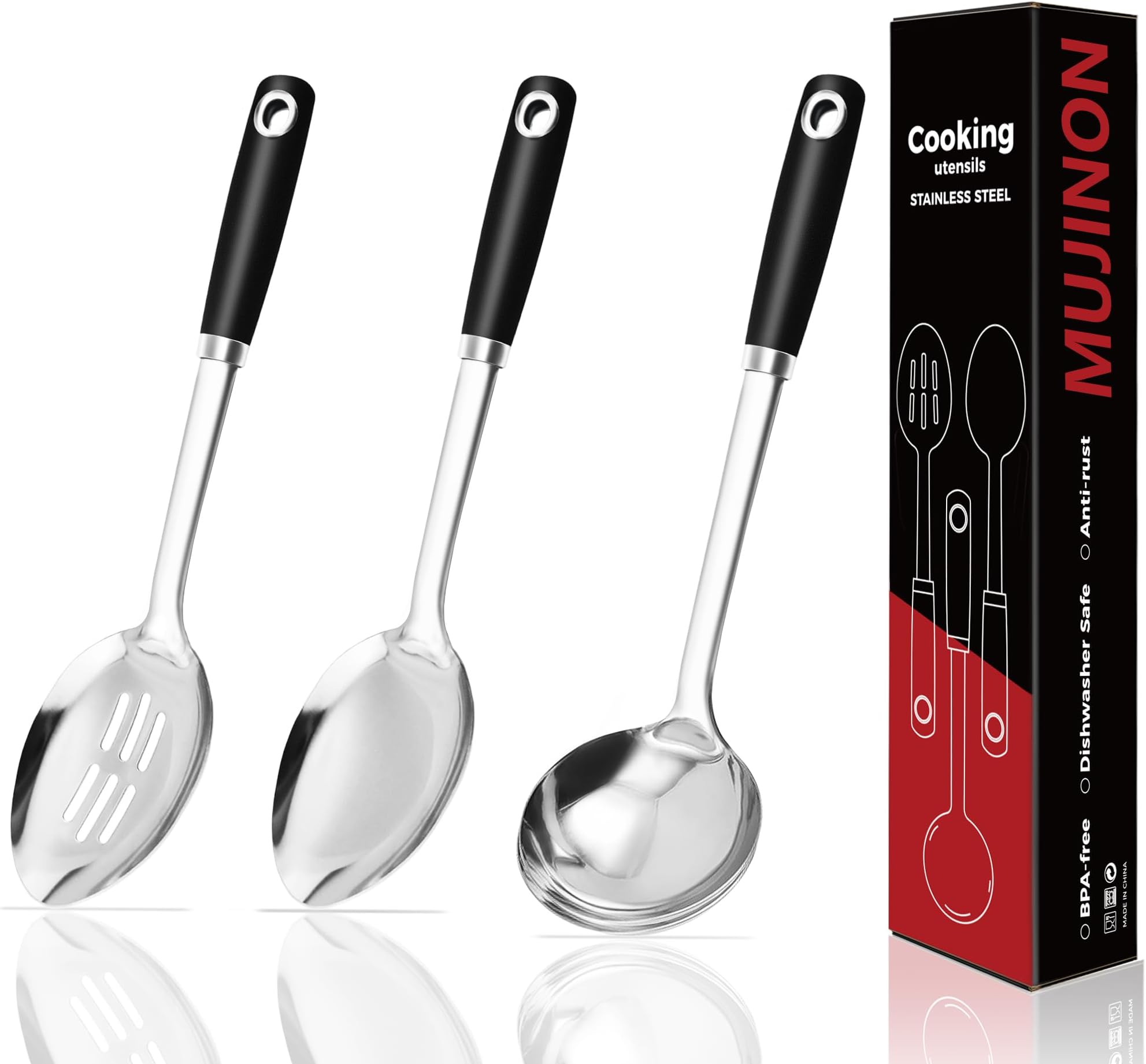 14-in Cooking Spoons Set, Heavy Duty 18/0 Stainless Steel Large Serving Spoons Set, Slotted Spoon, Cooking Spoon & Soup Ladle, Commercial and Residential Use, Pack of 3