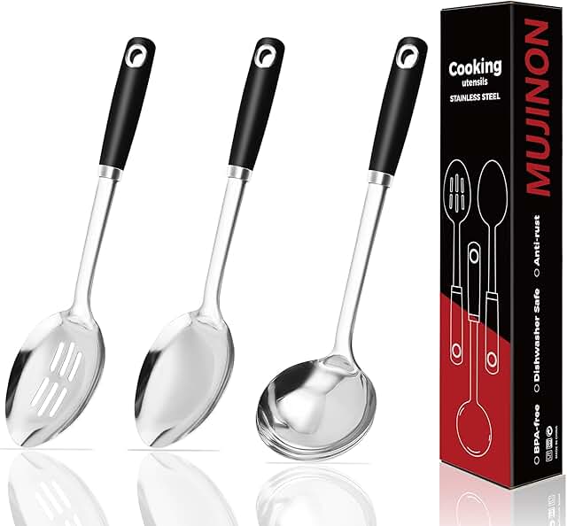 14-Inch 3-Piece Stainless Steel Cooking Spoon and Ladle Set