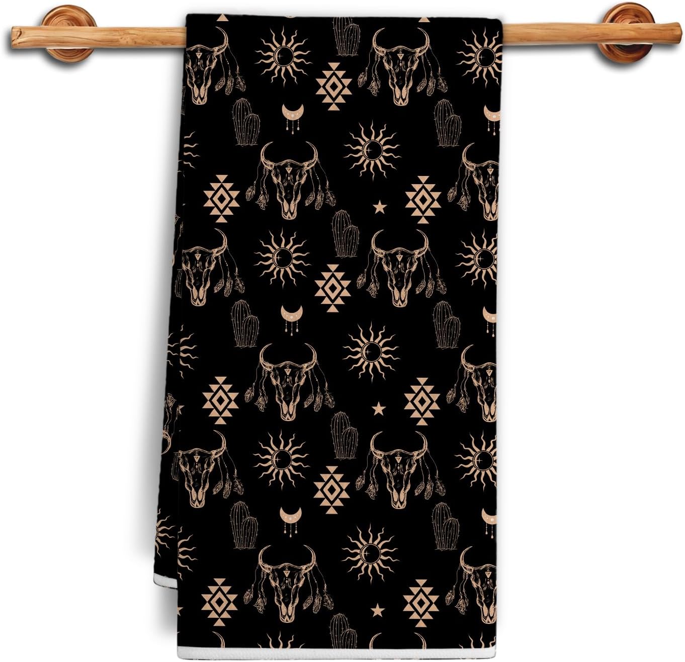 Boho Western Aztec Kitchen Towels, Black and Beige Western Dish Tea Towels, Southwestern Bull Skull Cactus Sun and Moon Decorative Hand Towels for Kitchen Bathroom, 16x24 Inch