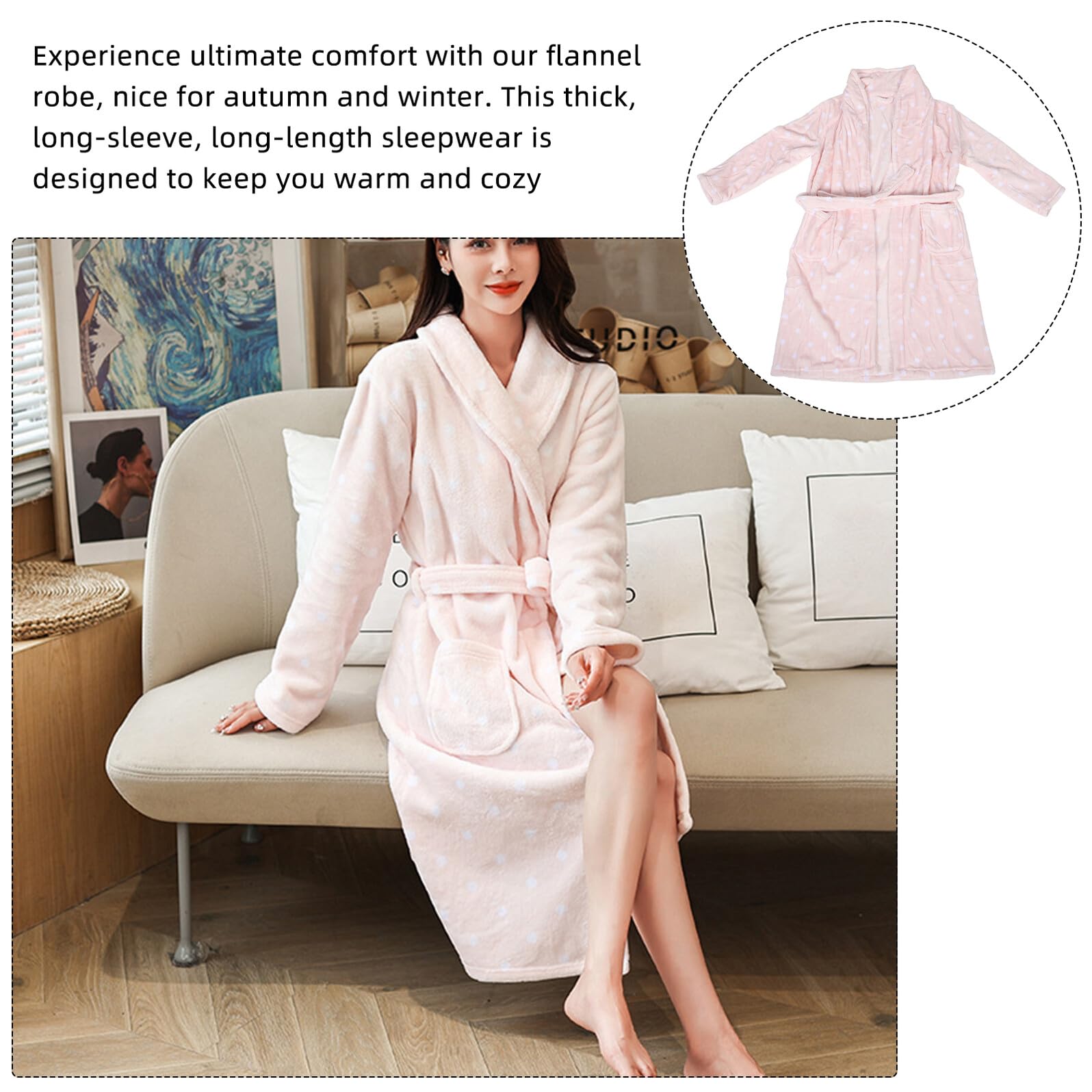 KOMBIUDA Albornoz de Franela para Mujer con Manga Larga Diseño y Puntos Adorables Cálido y Resistente para Después Ducha y Uso Otoño Invierno