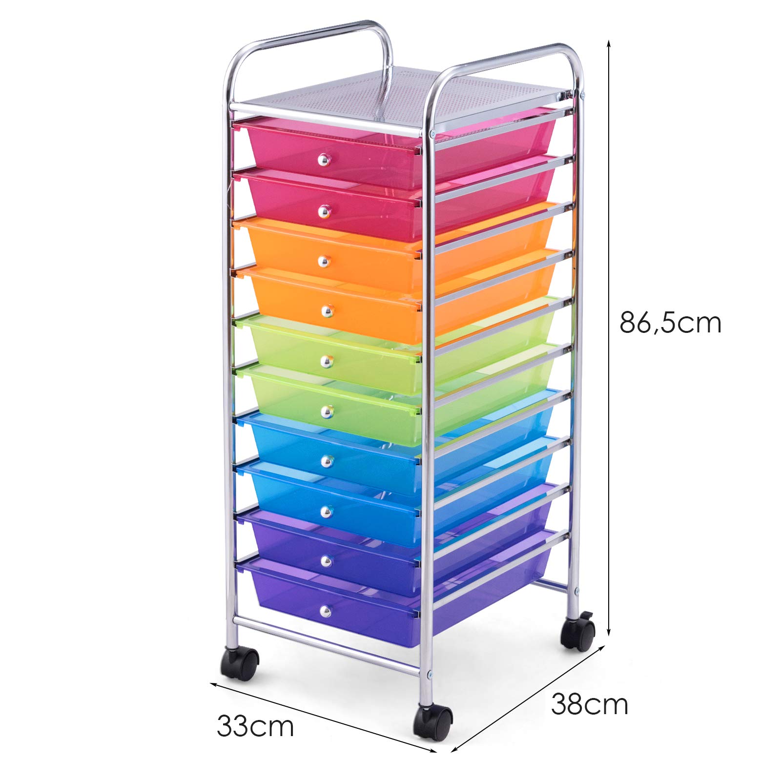 DREAMADE Chariot de Rangement,Desserte à Roulettes,Tour de Rangement en Métal avec 10 Tiroirs,1 Tablette,4 Roues et 2 Freins pour Salon,Chambre,Bureau,Dortoir 32,5 x 37 x 86CM (Coloré)
