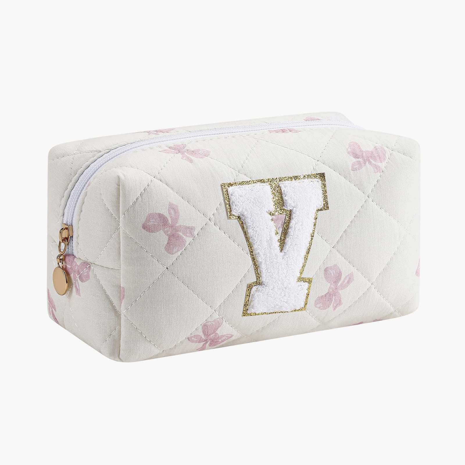 Gleyemor Personalized Initial Makeup Bag for Women, Cute Quilted Pink Floral Cotton Cosmetic Bag, Christmas Gifts for Her Mom Friend Sister Bridesmaid