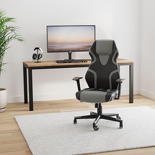 Miniatura 2 de OSP Home Furnishings Rogue Silla ergonómica ajustable de piel sintética con respaldo alto y luces LED RGB controlables, detalles grises