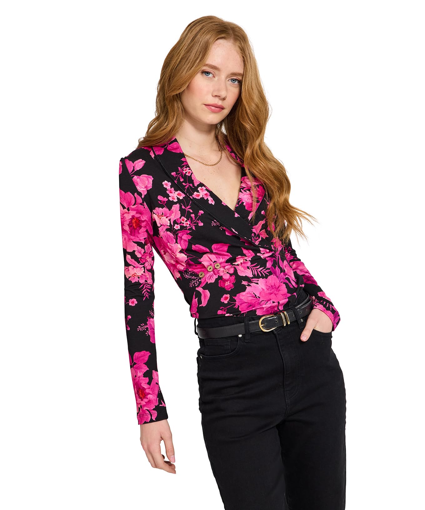 Joe Browns Women's Autumnal Floral Shawl Collar Wrap Front Jersey Top, Regular, Pink, UK 18