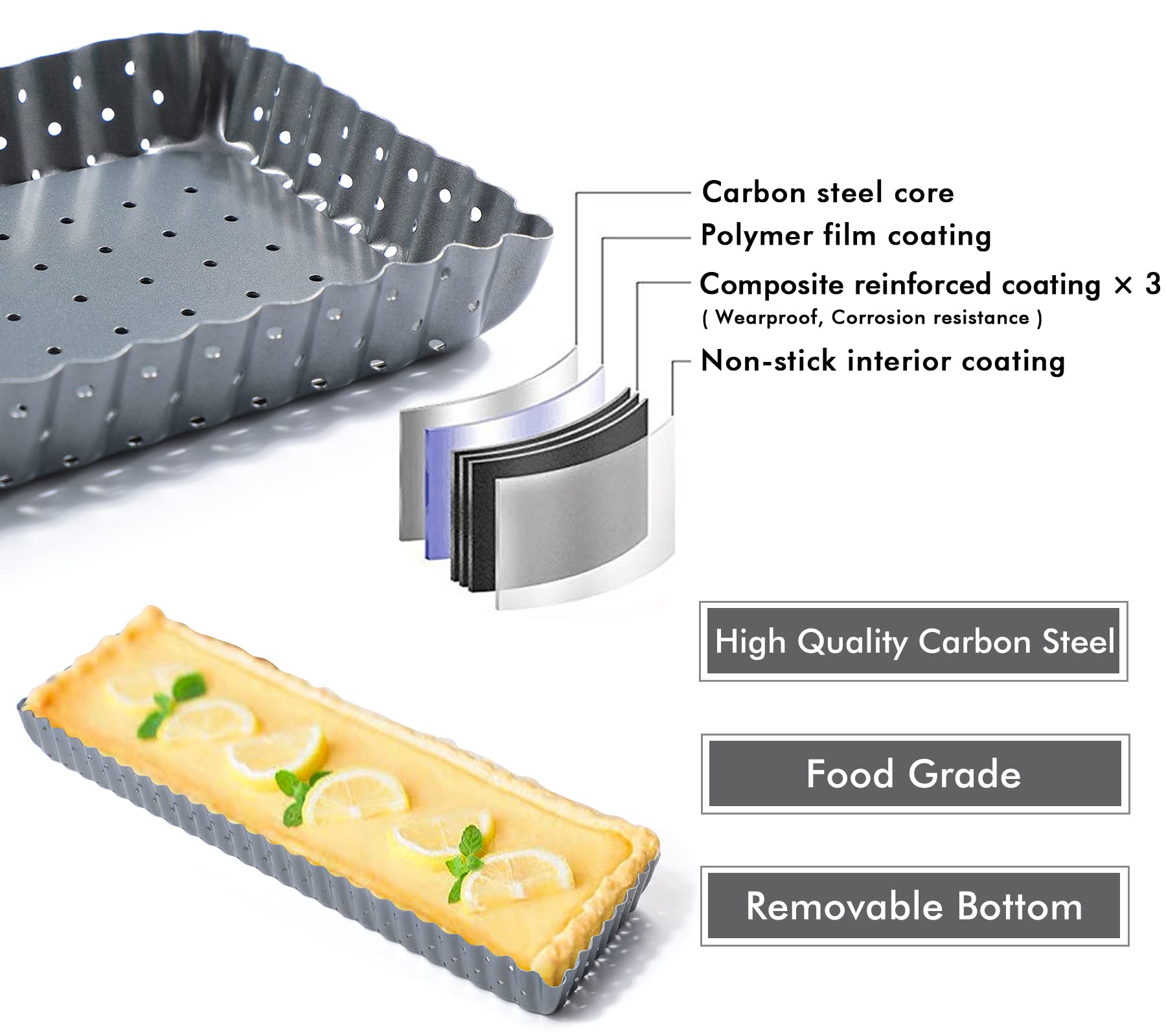 webake Teglia rettangolare per quiche con base staccata, forata, 36 x 11 x 2,5 cm, rivestimento antiaderente