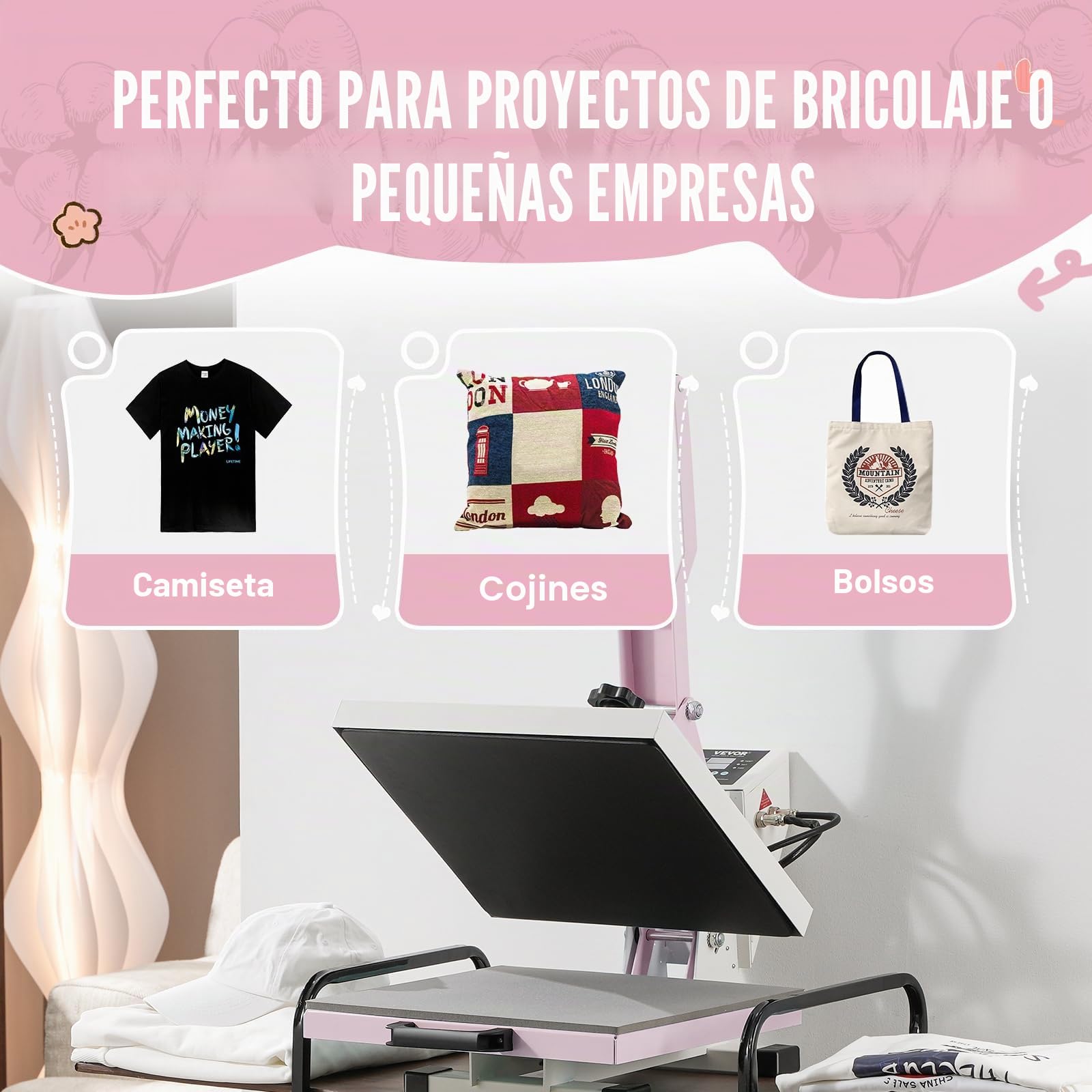 VEVOR Prensa Térmica Deslizable Máquina de Prensa Térmica Digital de 380 x 380 mm con Algodón Aislante de 2 Capas Máquina de Transferencia de Calor para Camisetas, Tazas, Almohadas y Bolsas, Rosa