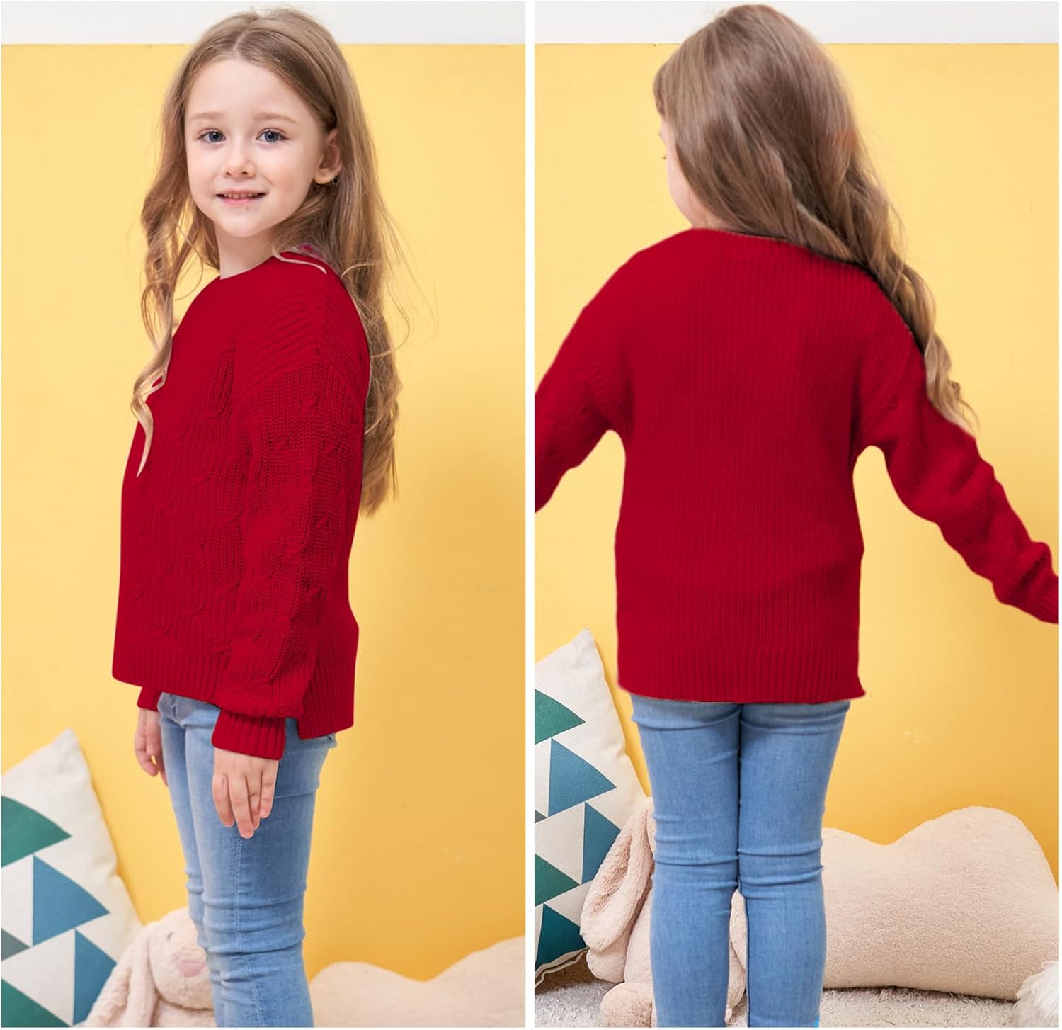 Girls Sweaters Crewneck Long Sleeve Pullover Jumper Cotton Fall Chunky Fancy Cable Knit Sweater with Side Slit - Image 6