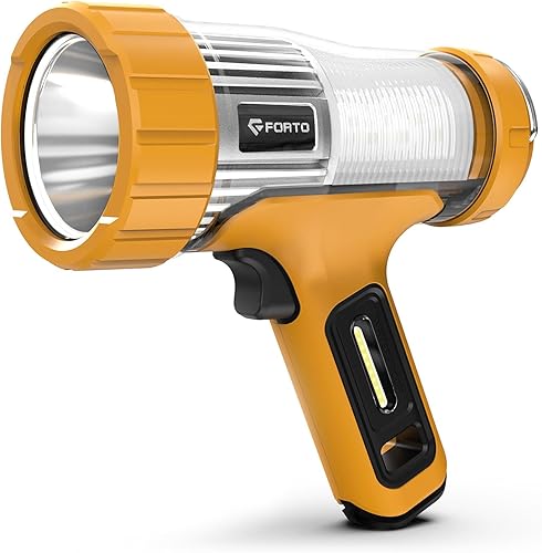 FORTO Foco de mano de 3000 lúmenes, luz LED de largo alcance de 1400 pies con 120 horas de funcionamiento, linterna impermeable recargable IPX8 para