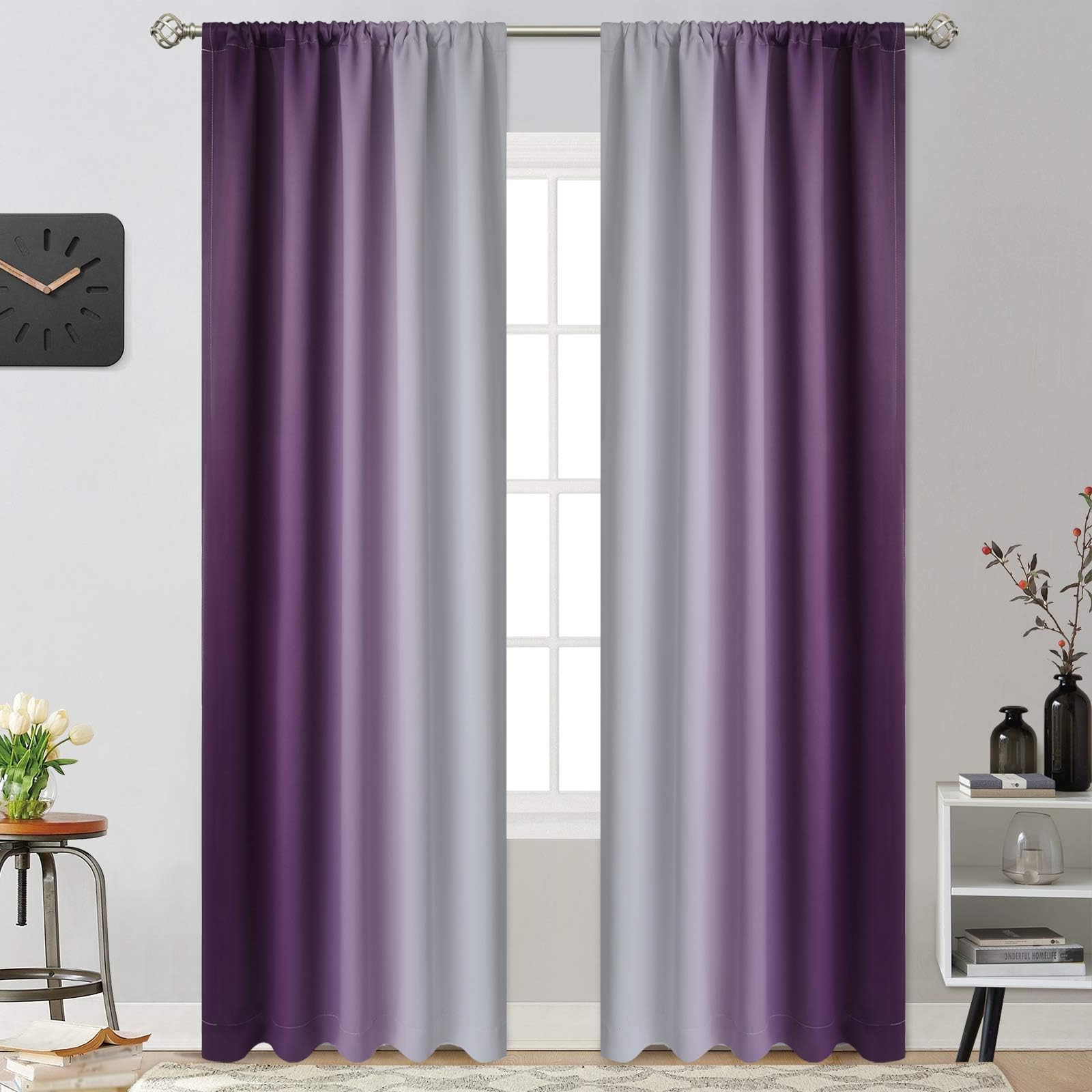 Yakamok Purple and Greyish White Rod Pocket Ombre Curtains, Light Blocking Gradient Color Curtains, Room Darkening Thermal Insulated Window Drapes for Living Room/Bedroom(2 Panels, 52W x 90L Inch)
