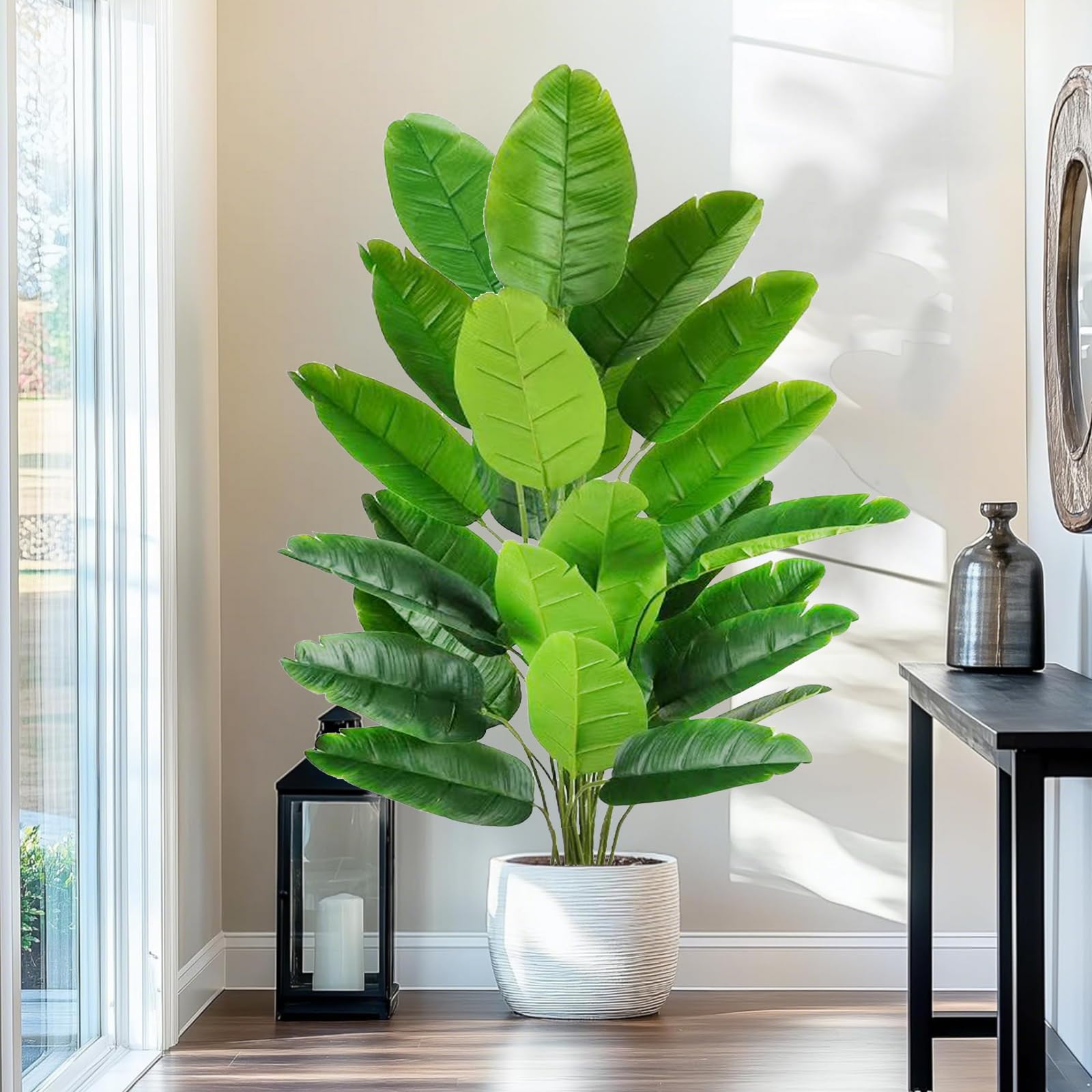 Künstliche Paradiesvogel Pflanze groß 113cm künstliche Tropische Palme mit 24 Blättern perfekte künstliche Pflanzen Geeignet als Boho-Dekoration für Wohnzimmer, Badezimmer, Büro und Garten