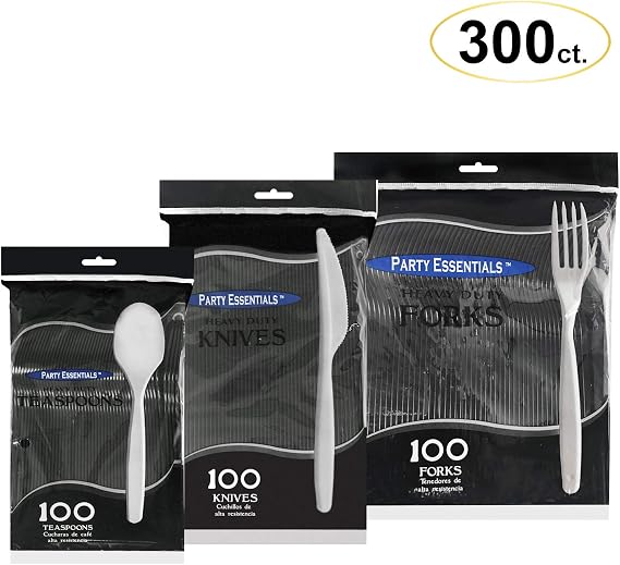 Party Essentials KITCB-3001 Plastic Cutlery Combo, Includes Knives/Forks/Spoons, 300 Pieces/100 Place Settings, Heavy Duty, Black