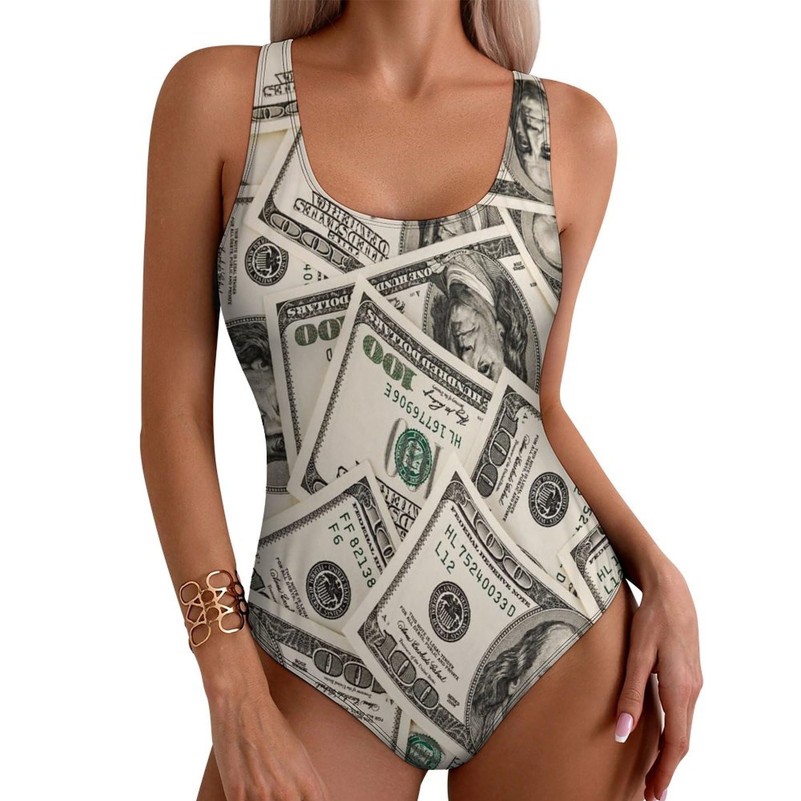 Money American Hundred Dollar Bills Women's Swimsuits Tummy Control Bathing Suits Swimwear