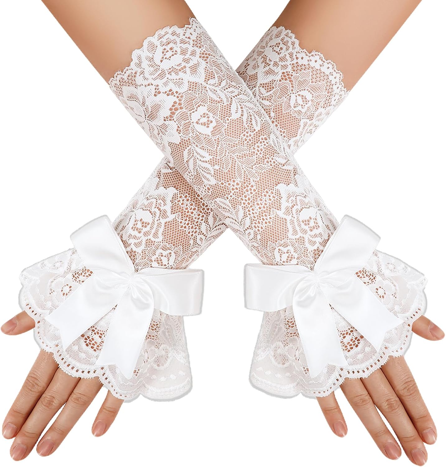 Avidlove Women Ruffle Bow Lace Gloves Fingerless Mid Elbow Sleeve Costume Wedding Opera Tea Party Prom Cosplay Gothic