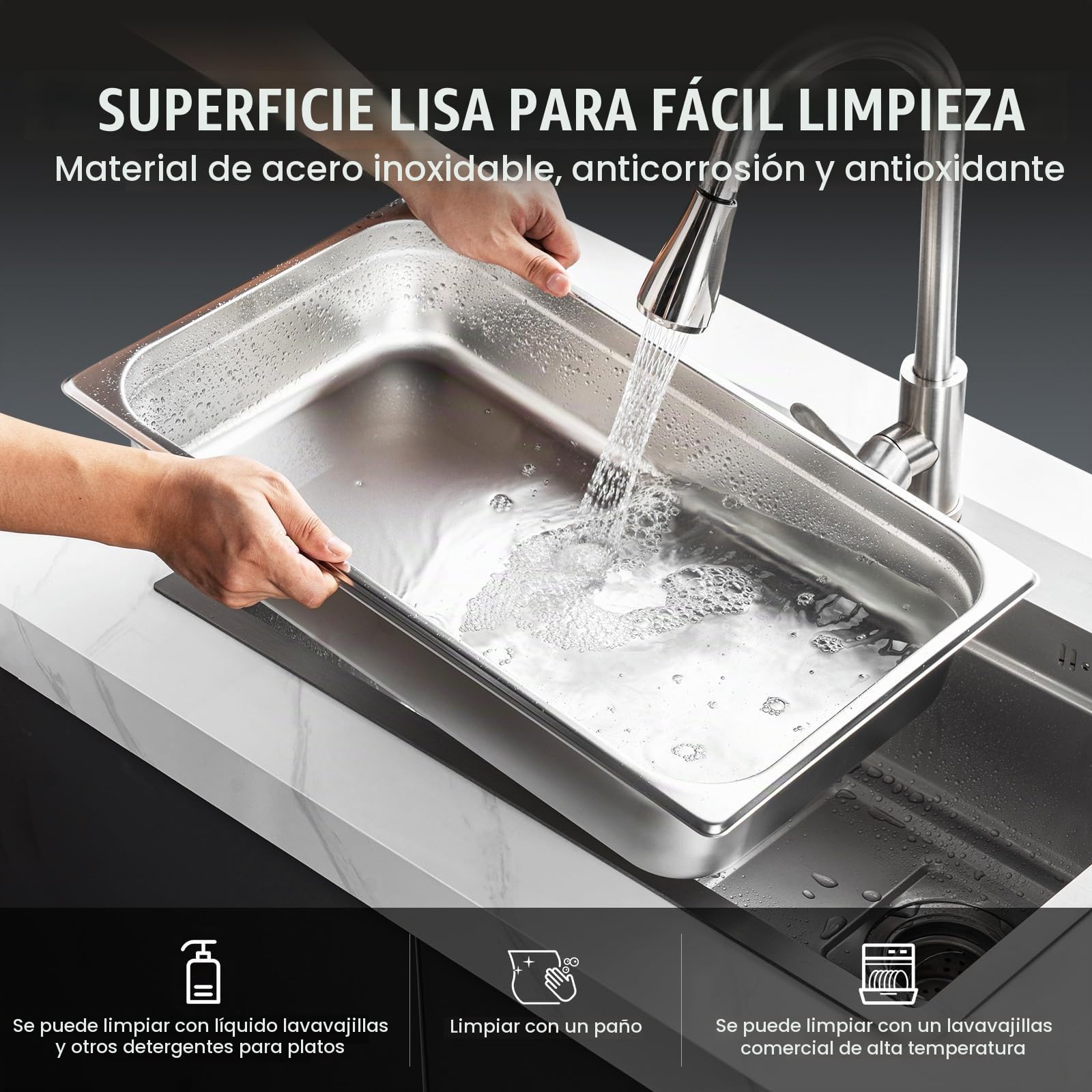 VEVOR 4 Sartenes de Hotel, Sartén Comercial de Vapor Antiatasco de Tamaño Completo con Tapa, Acero Inoxidable de 0,8 mm de Espesor, para Catering, para Industrial y Científico, 530 x 326 x 107 mm