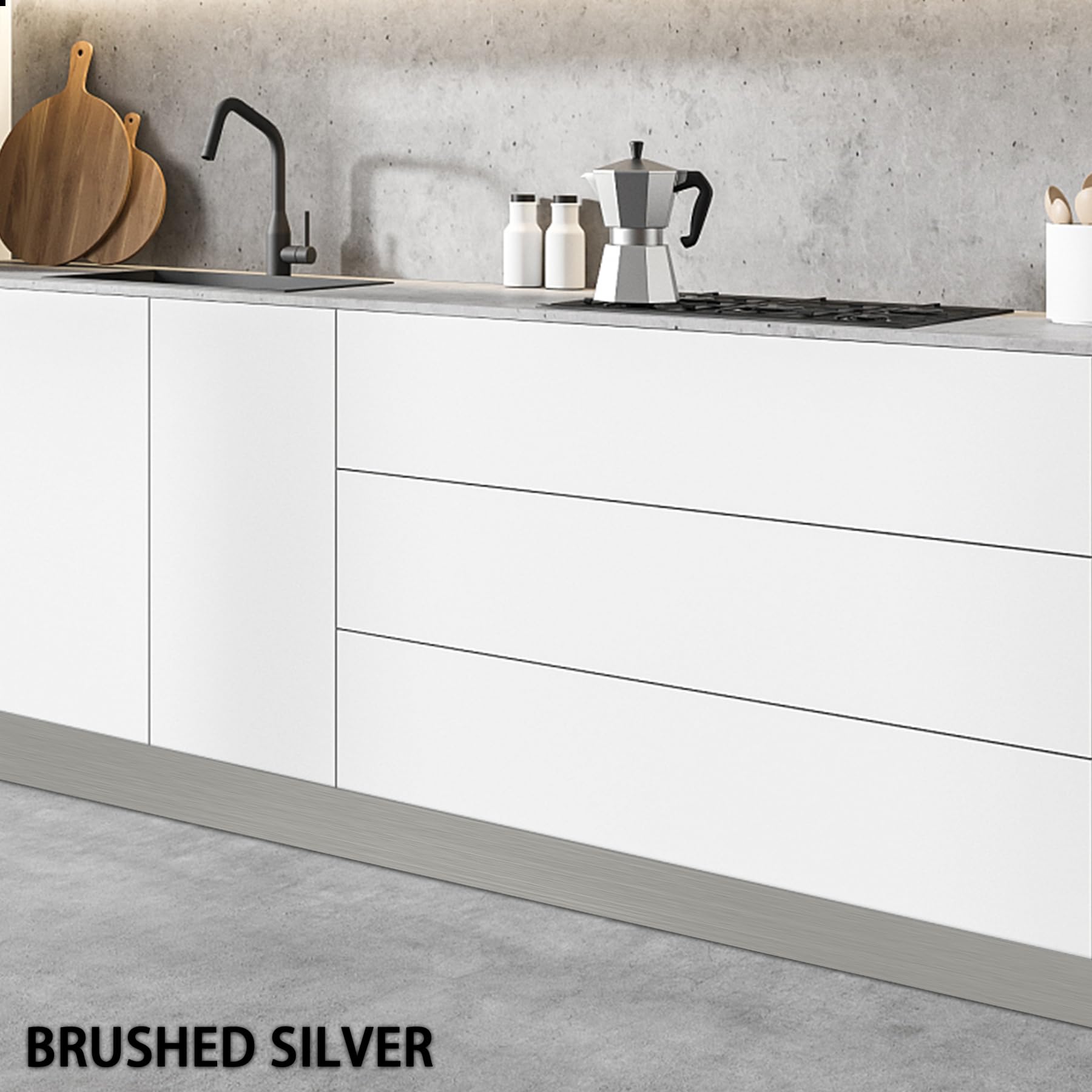 Plaque de Pied en Acier Inoxydable, Revêtement Adhésif pour Base de Plaque de Pied, Moulure de Plinthe pour Mur, Porte, Armoire de Cuisine - Protection Anti-Rayures (3m x 10cm, Argent brossé)