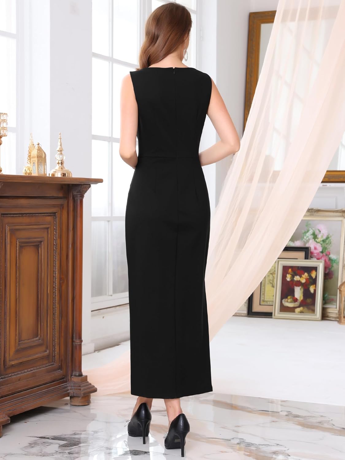 Women's Sleeveless Formal Dress Mesh V Neck Cocktail Evening Wedding Guest Maxi Dress - Image 4