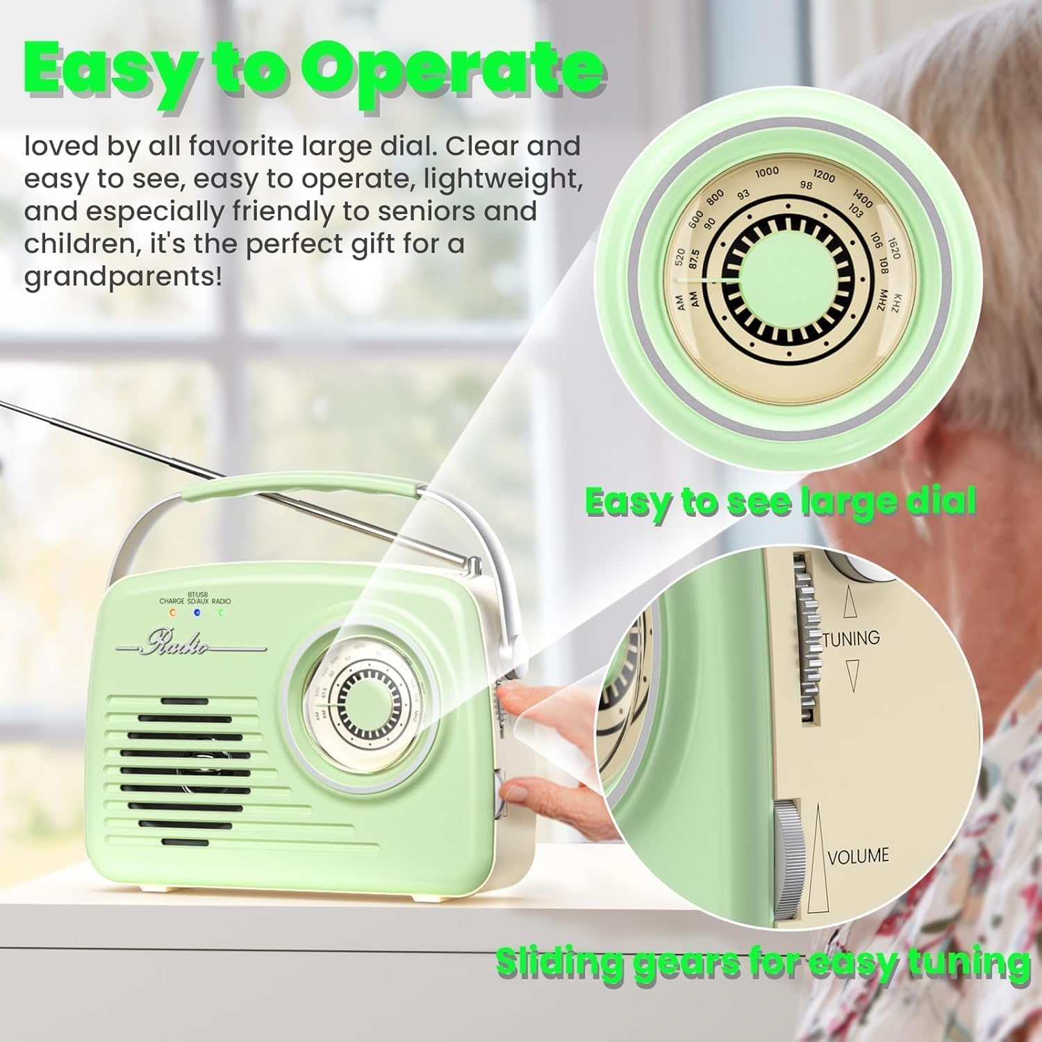 Przenośne radia AM FM, zasilanie bateryjne i ścienne, retro vintage radio z Bluetooth, łatwa w użyciu, duża tarcza, do domu, na zewnątrz, kuchni, zielone