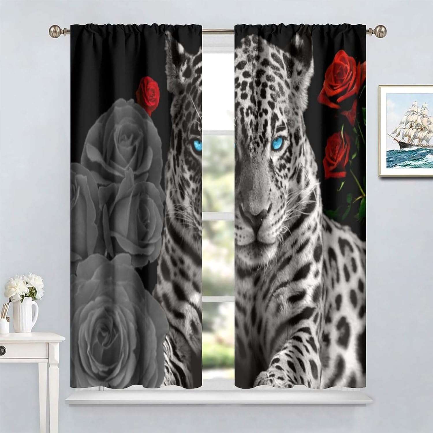 Red Rose Leopard Curtains, Wildlife Cheetah Lion Animal Window Treatmets for Living Room Bedroom Romantic Floral Flower Blackout Rod Pocket Window Drapes for Woman Valentine's Day 42x45in