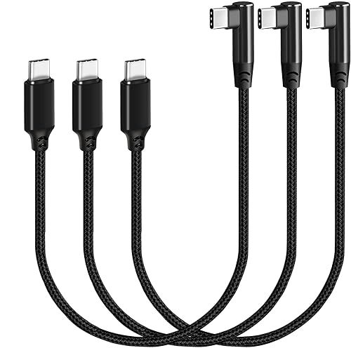 Cable USB C a USB C de 1 pie, 3 paquetes, ángulo recto 90 grados tipo C PD cable de carga rápida 60 W USB 2.0 nailon trenzado compatible con Samsung