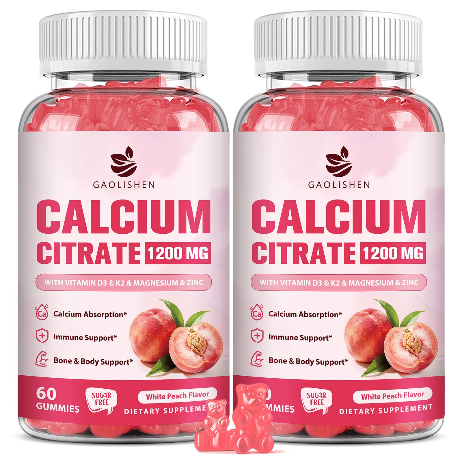 (2 Pack) Calcium Citrate 1200mg with Vitamin D3 K2 Gummies for Women & Men, High Absorption Calcium Supplement for Bone & Muscle Health, Sugar-Free, Peach Flavor - 60 Day Supply