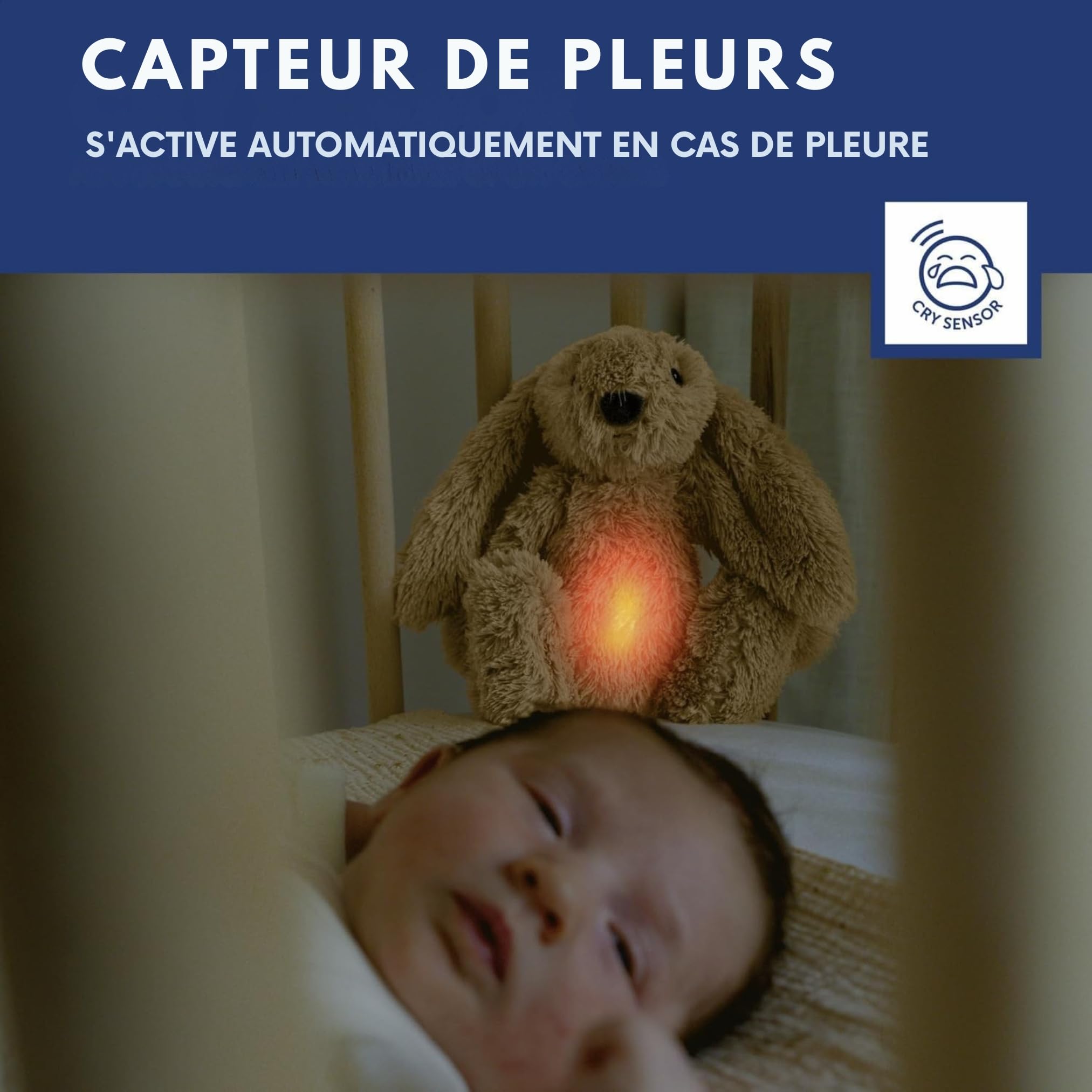 ZAZU Ro le Lapin Aide au Sommeil pour Bébé avec Batterie Rechargeable Veilleuse Multicolore Sons Apaisants Capteur de Pleurs Arrêt Automatique Charge USB-C