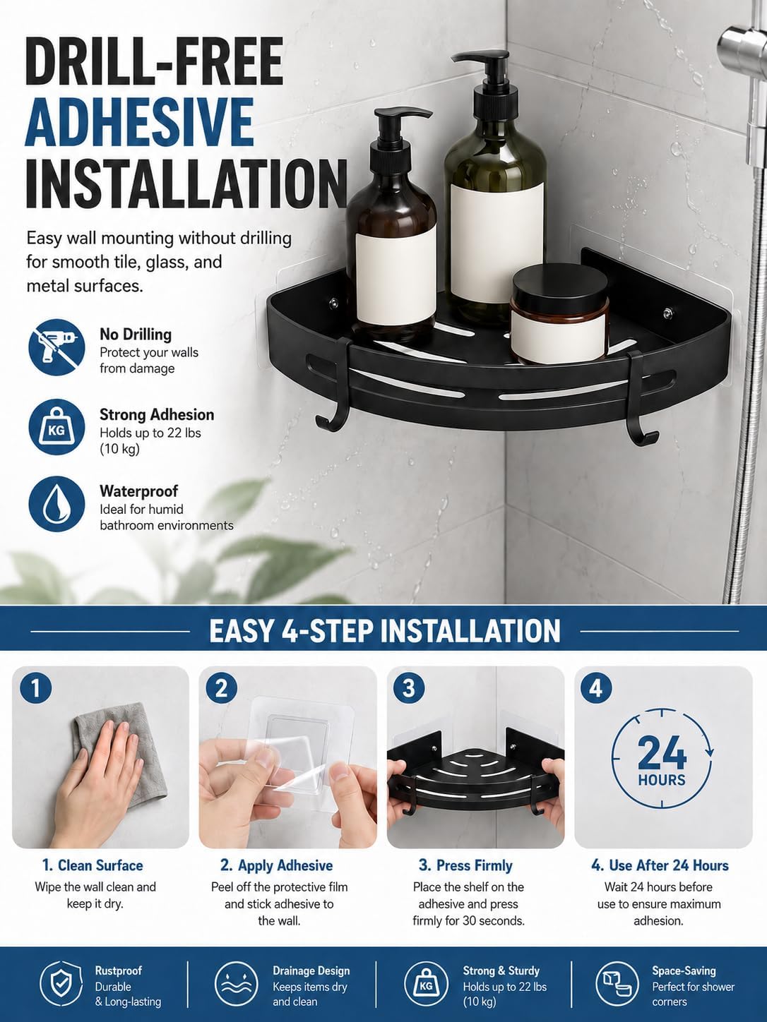 2-Pack Matte Black Corner Shower Caddy, Rustproof | Stainless steel bathroom organizer with 4 hooks. No drilling adhesive wall mounted shelves storage for inside shower.