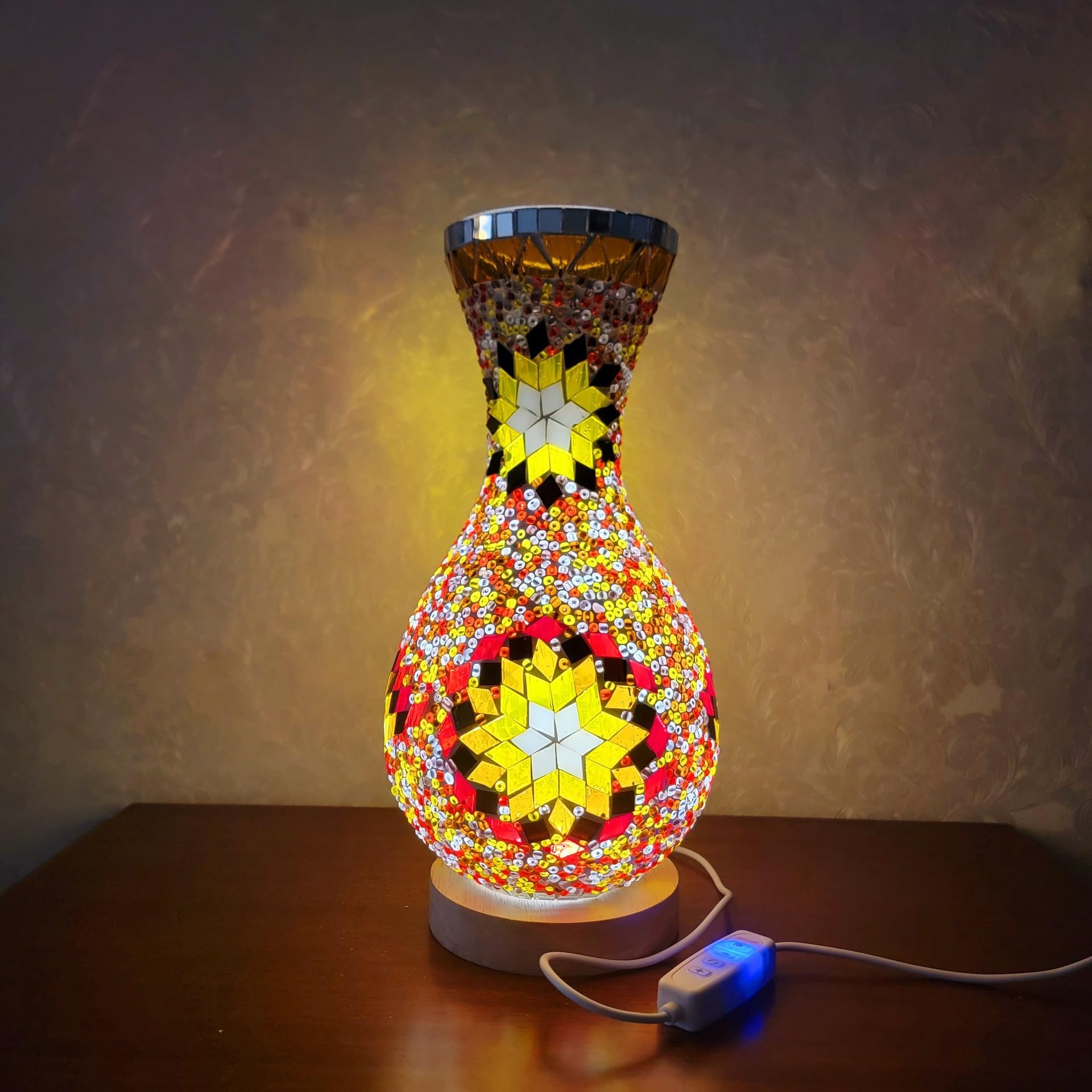 Maimeili Retro Turkish Mosaic Vase Lamp Turkish Moroccan Table Lamp Colorful Handmade Glass Vase with Wood Base for Flowers USB Charge Decor Light for Bedroom Ambient Living Room Farmhouse