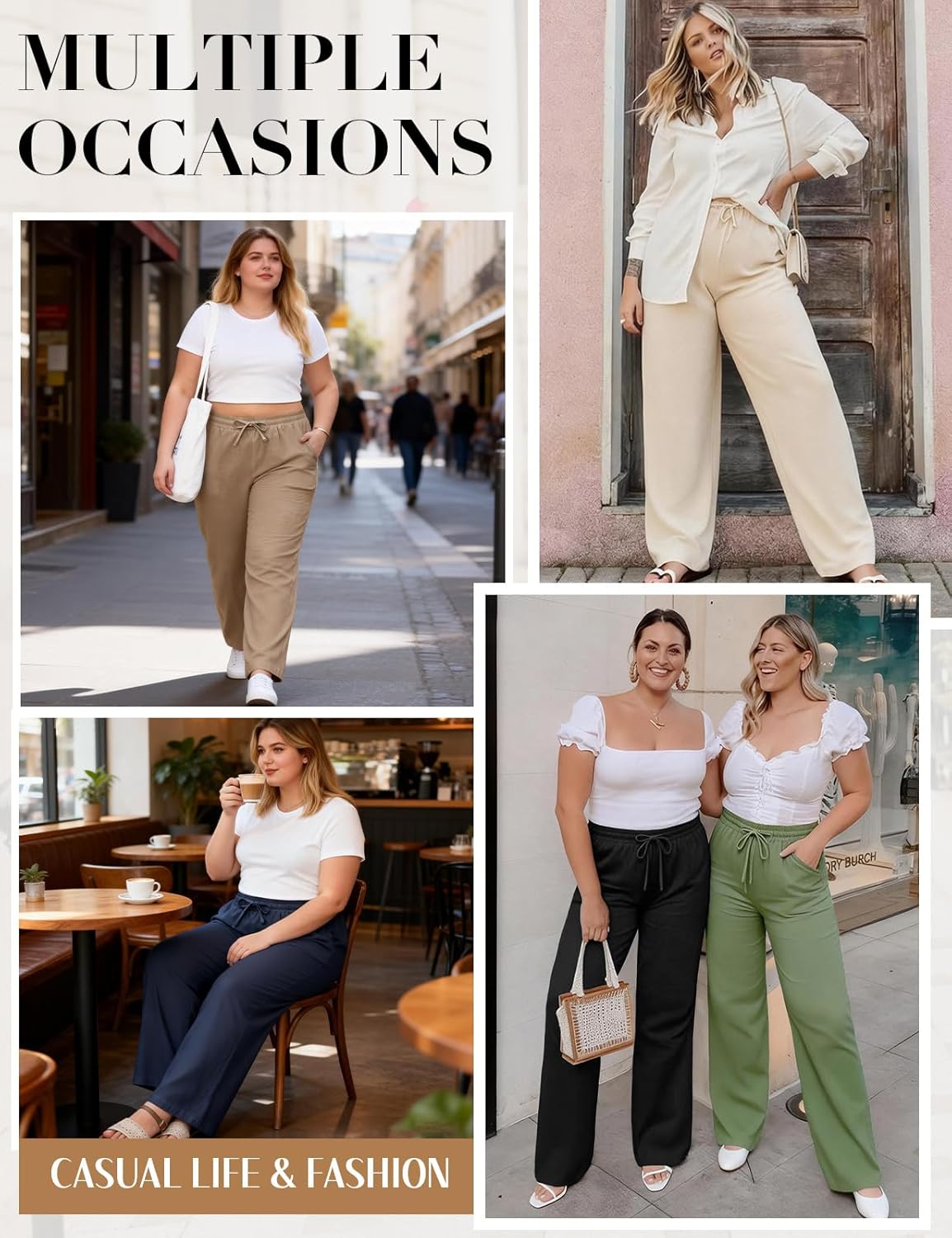 Yusongirl Women's Cotton Linen Summer Plus Size Pants Casual Drawstring Wide Straight Leg Beach Comfy Trousers with Pockets - Image 3