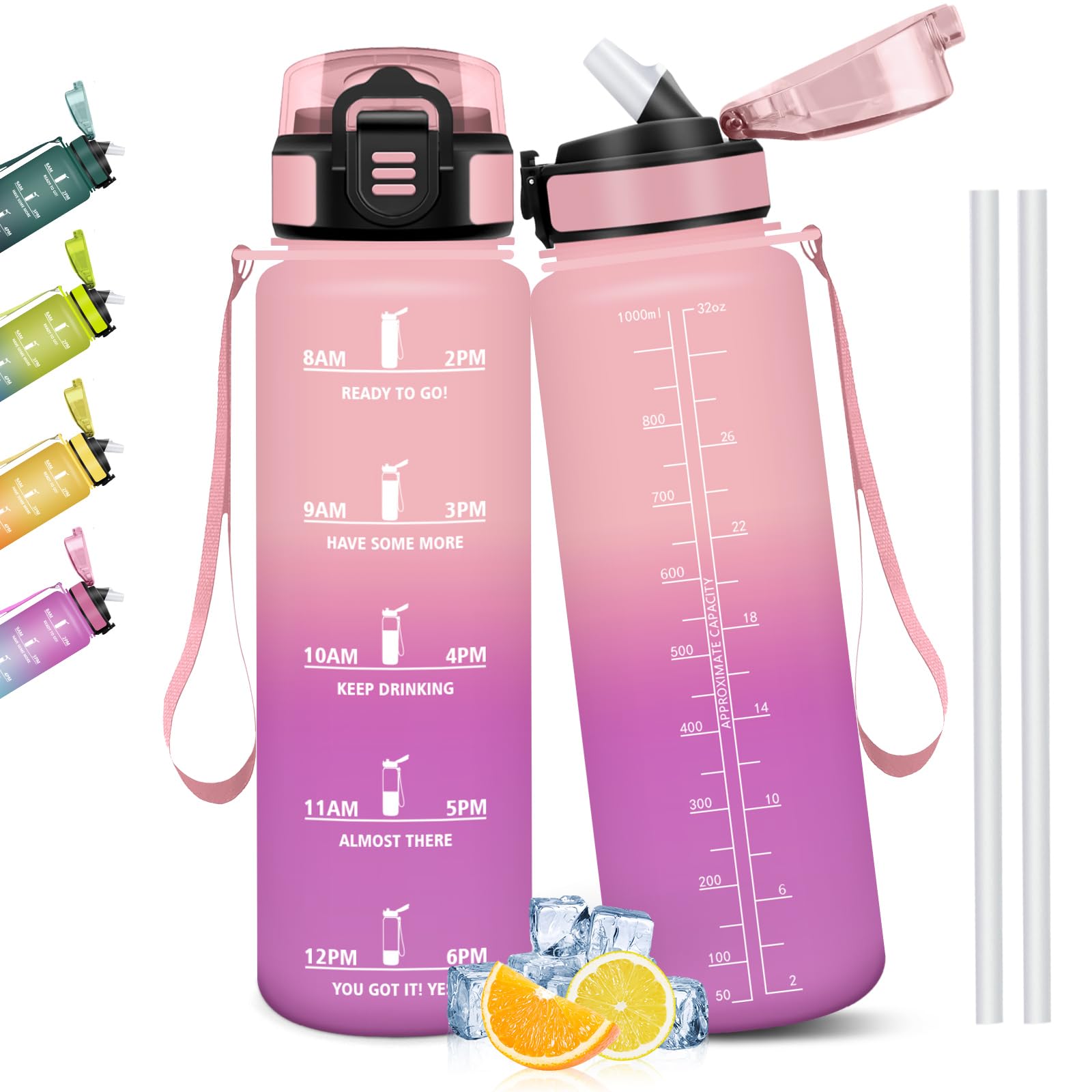 Mulbijeo Botellas de Agua, 1 Litro BPA Free, Botella Gimnasio, con Escala de Tiempo Motivacional, Cantimplora, Reutilizable, Garrafa de Agua, Ideal para Escuela, Oficina, Deporte, Botella con Pajita — view 20