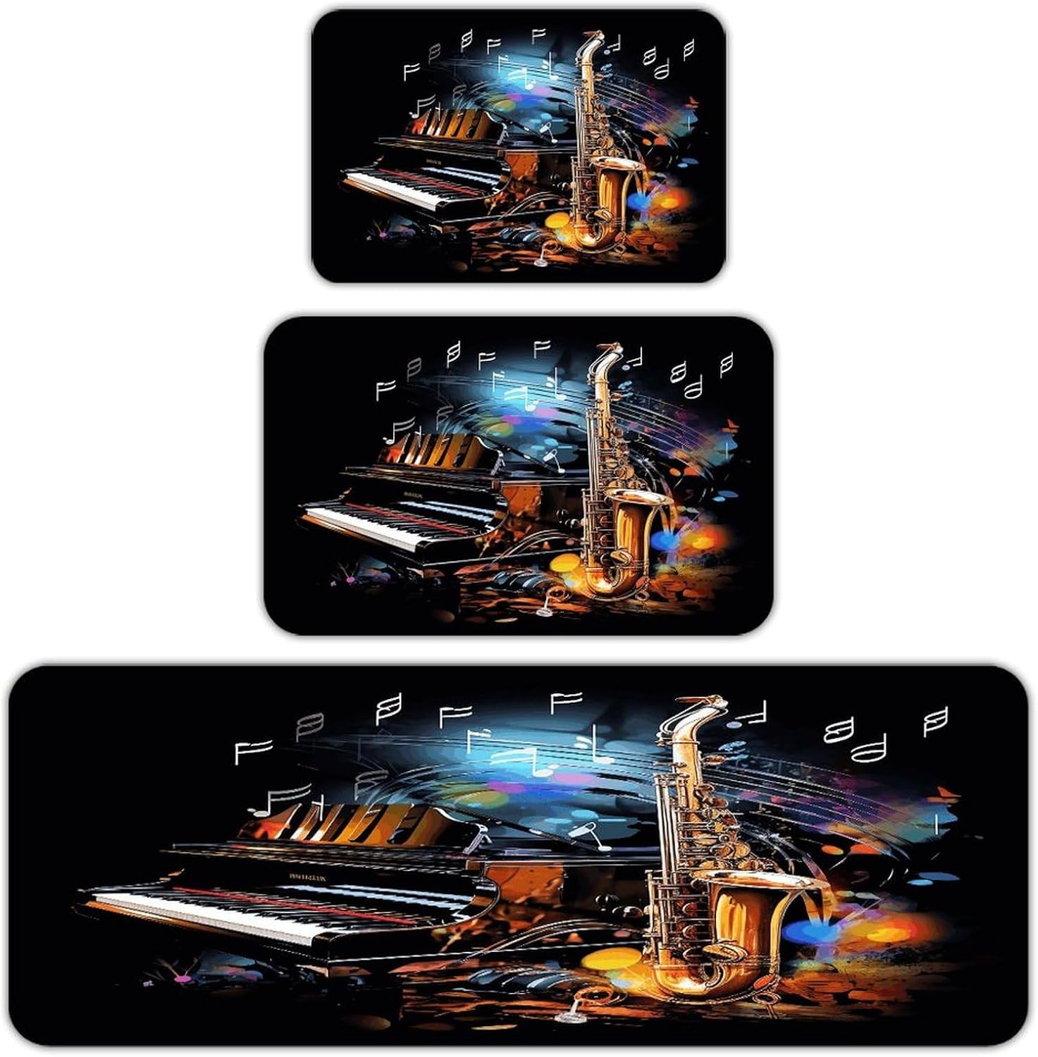 Saxophone and Piano Kitchen Rugs Sets of 3 Washable Non Slip Kitchen Rug Water Resistant Carpet Piece Anti Fatigue Kitchen Mats Soft Comfort Standing Mat Modern Area Rug