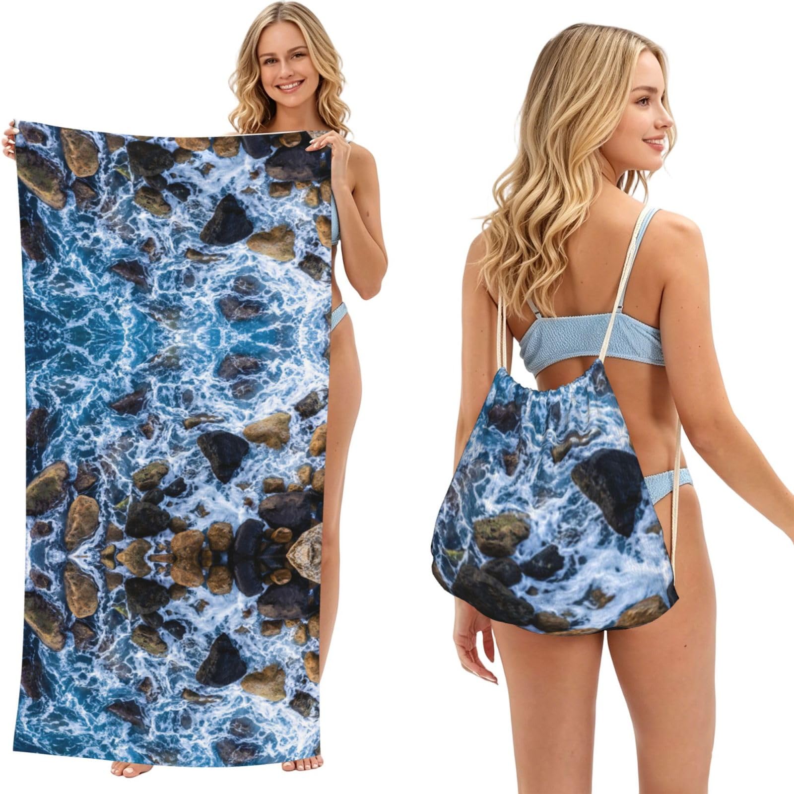 ESNAIUVCD Sea Stones Print Beach Towel For Adults,Towel With Drawstring Bag, Travel Pool Swimming Sports Shower Sand Free Quick Dry Bath Towel For Pool, Beach, Yoga- 180x60cm