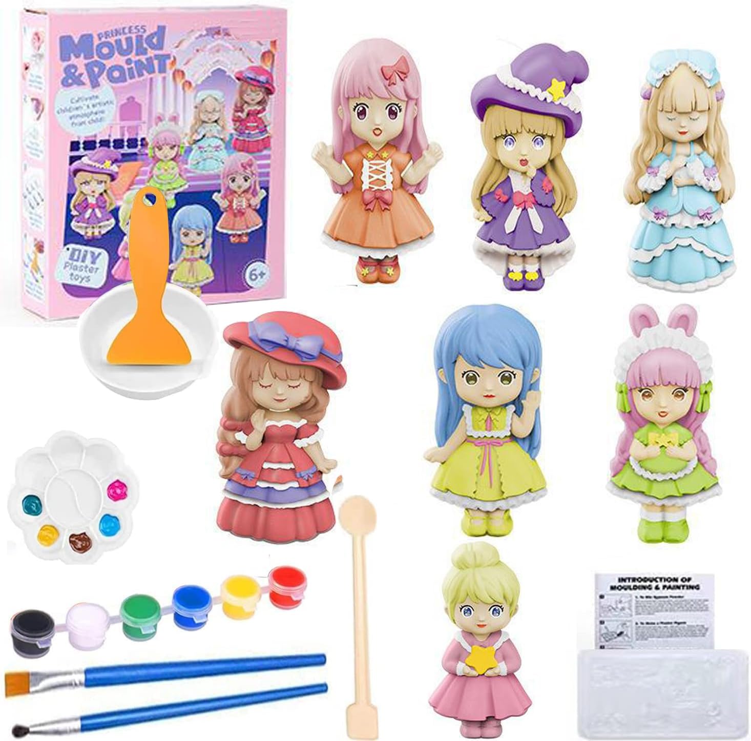 AM ANNA Kids Arts and Crafts Plaster Painting Craft Kit Art Set,DIY Painting Your Own Creative Activity Toys Gift for Boys&Girls Age 4-6,8-12,6-8,with 6 Figurines,6 Paint Pots,1 Brush(Princess)