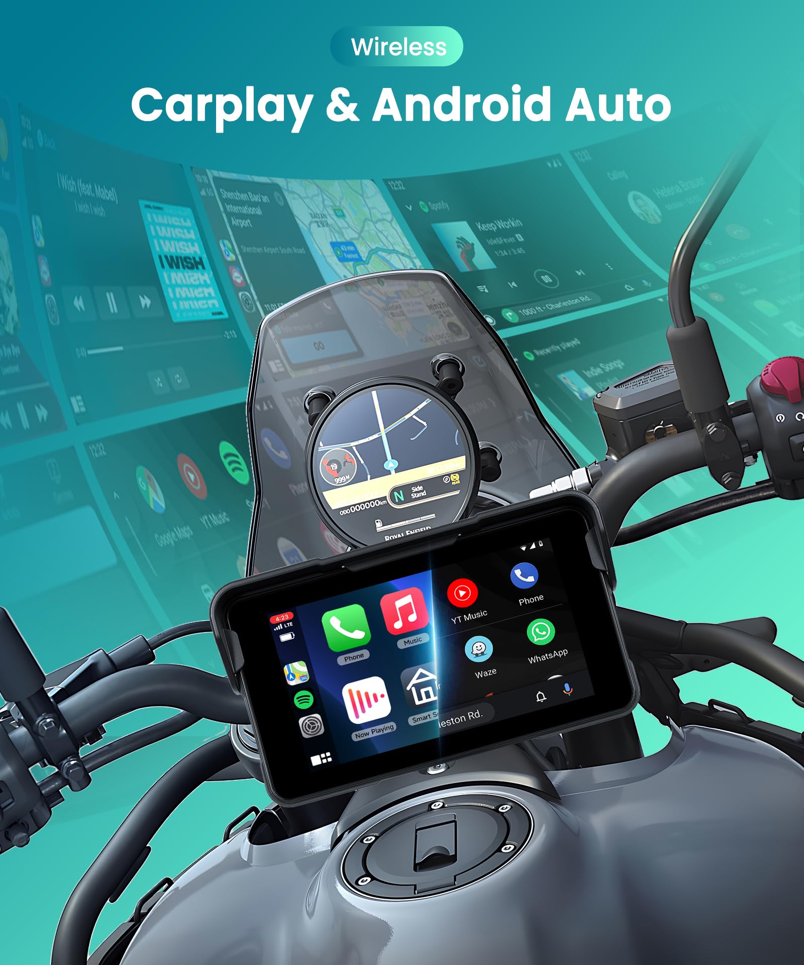 VECHTEL Motorrad Navi Kabelloses CarPlay und Android Auto per Moto, 5 Zoll HD Touchscreen GPS Navigation für Motorrad mit IP68 Wasserdicht, Bluetooth, Assistente Siri/GOO-gle, TPMS