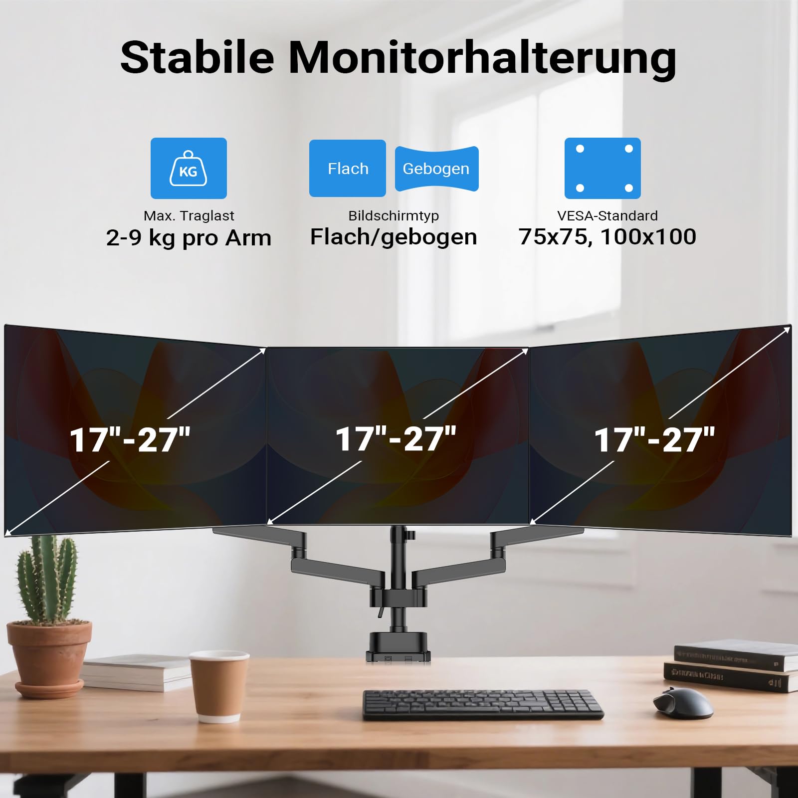 Wiltec Dreifach Monitorhalterung Schreibtisch mit 360° VESA-Platte, Bildschirmhalterung bis 9 kg pro Monitor, Monitorhalter mit Tischklemme