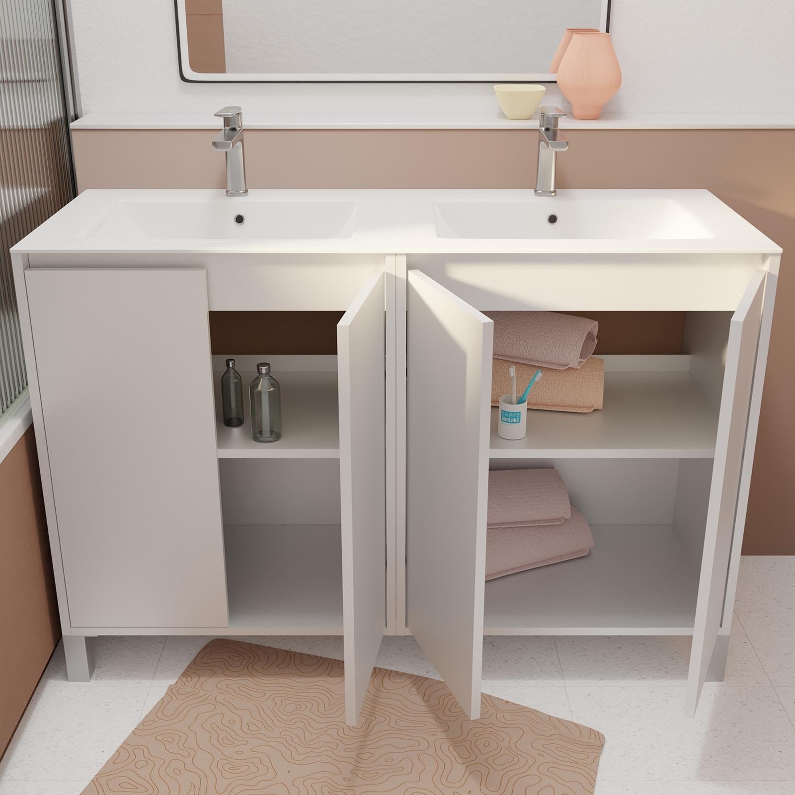 Pack Meuble Salle de Bains 120 cm Laqué Blanc, 4 portes avec Vasque Céramique - XENOS