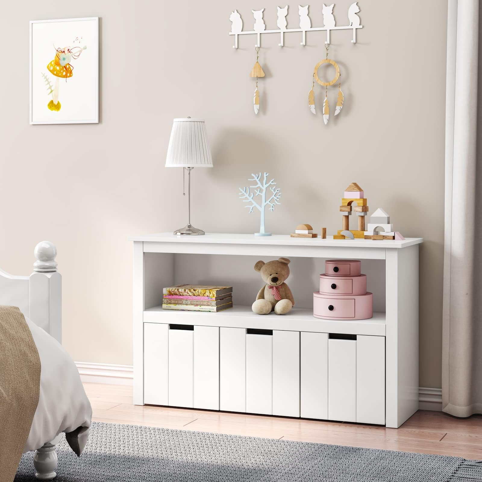 FOREHILL Meuble Rangement Jouet Bibliothèque pour Enfants Étagère Armoire de Rangement avec 3 Tiroirs Roulants Blanc 102x33x61.5cm