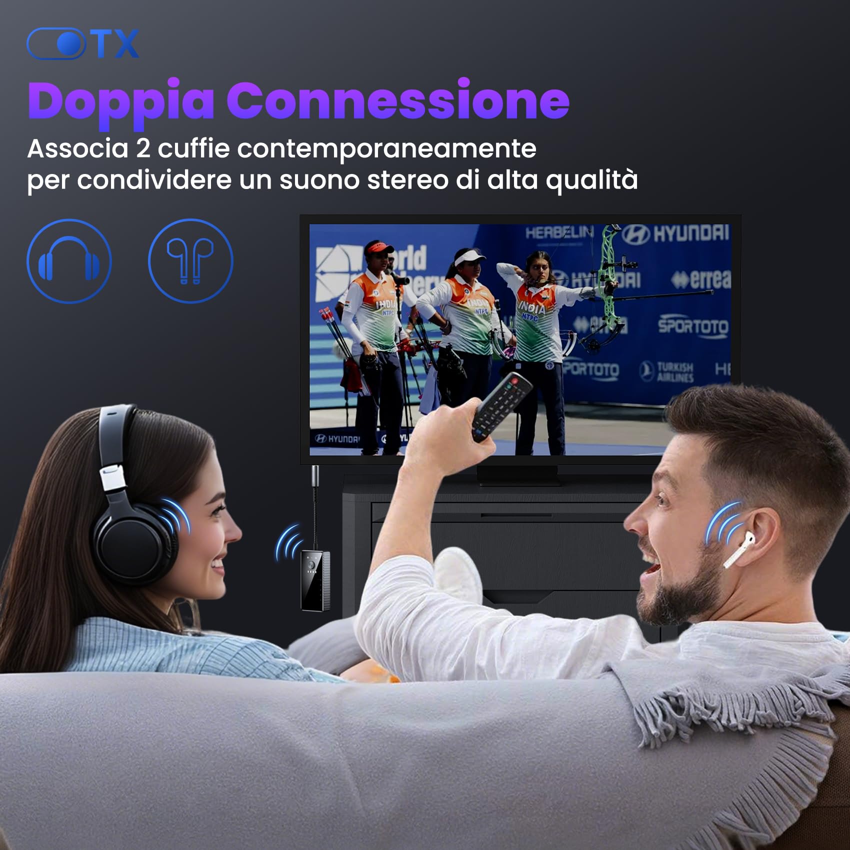 Trasmettitore Ricevitore Bluetooth per TV, 2 in 1 Adattatore Bluetooth 5.2 Supporta 2 Cuffie con AptX, Audio Jack da 3.5 mm per Aereo/Auto/Amplificatore/Palestra