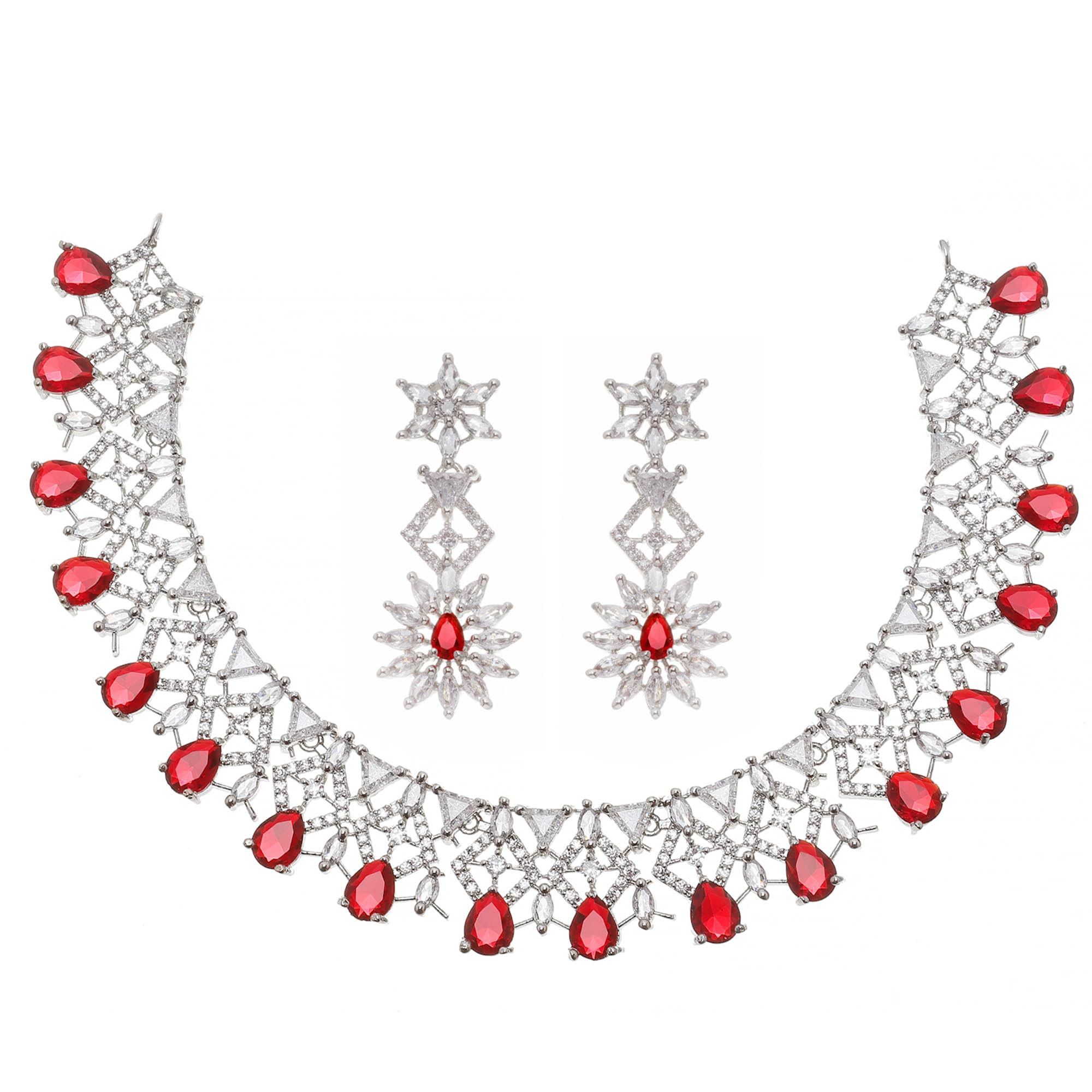ZENEME Rhodium-Plated Dribble Shape American Diamonds Studded Necklace With Earrings Jewellery Set For Girls and Women (Red & White) (B0CGRVB8ZQ) Amazon Price History, Amazon Price Tracker