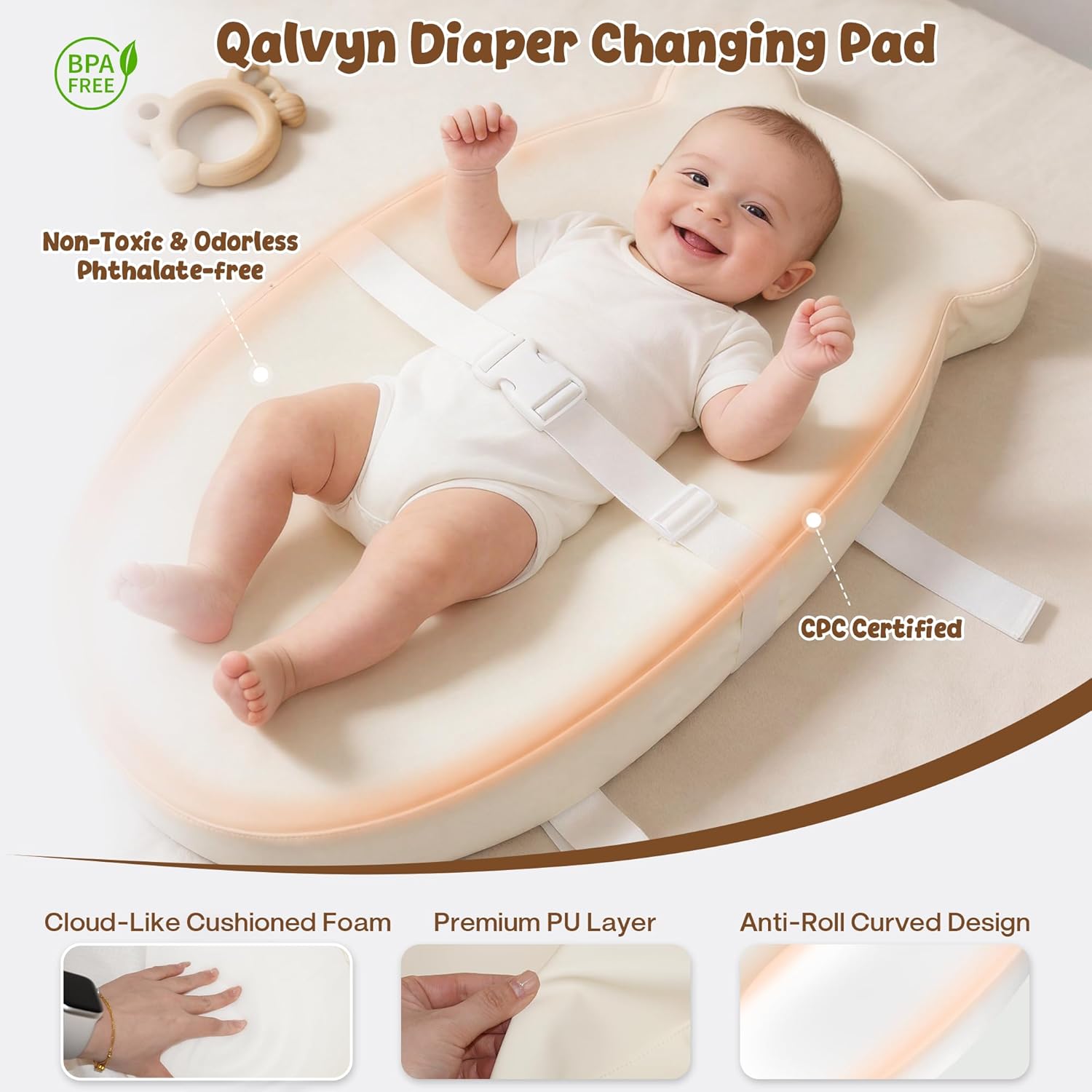 Baby Diaper Changing Pad with Wipeable & Waterproof PU Cover, Contoured Baby Changing Pad for Dresser, Non-Slip Changing Table Pad with Adjustable Strap, Cushioned Contoured Foam
