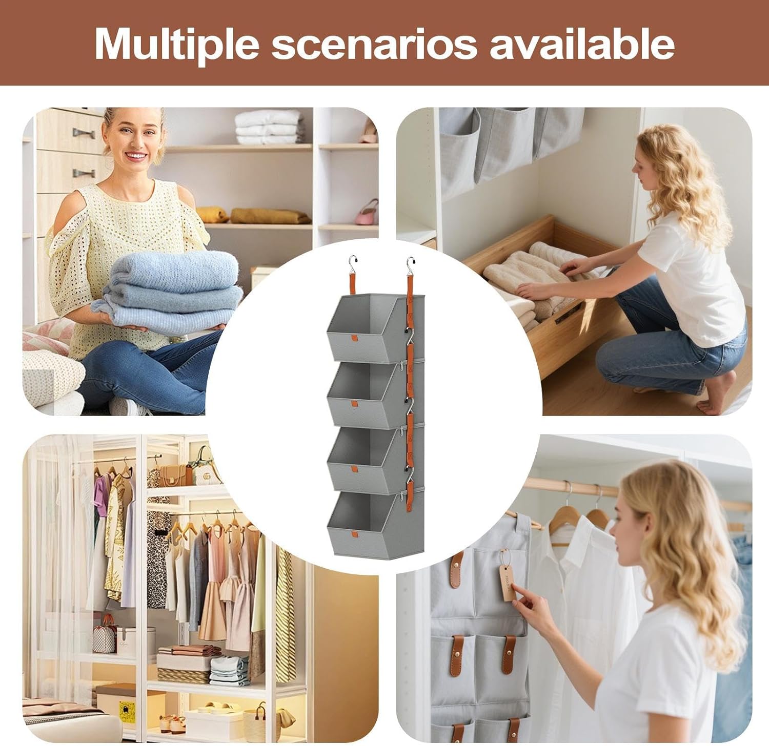 Detailed view of the trapezoid storage bin, highlighting 8 thick hooks, modular hanging storage, double-stitched seams, and anti-swing zippers for stability.