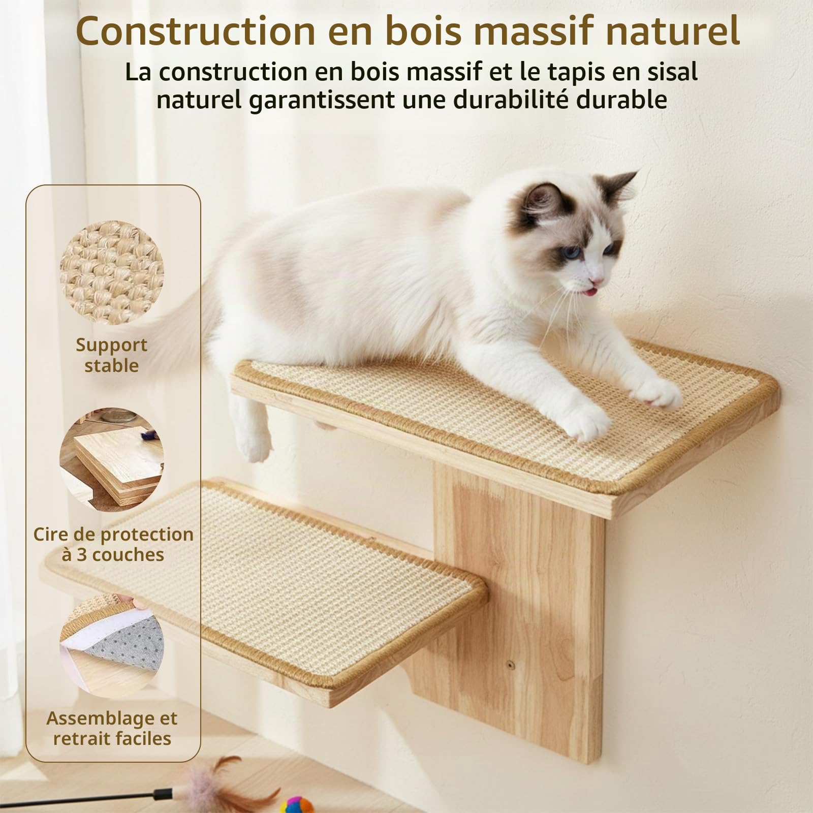 Arbre à Chat Mural en Bois Massif avec griffoir en sisal et 2 Plateformes