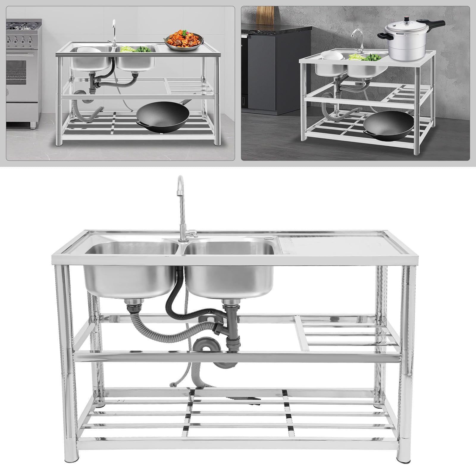 Fregadero de 2 lavabos con armario inferior, doble lavabo, fregadero de acero inoxidable, fregadero de acero inoxidable, 120 x 45 x 80 cm