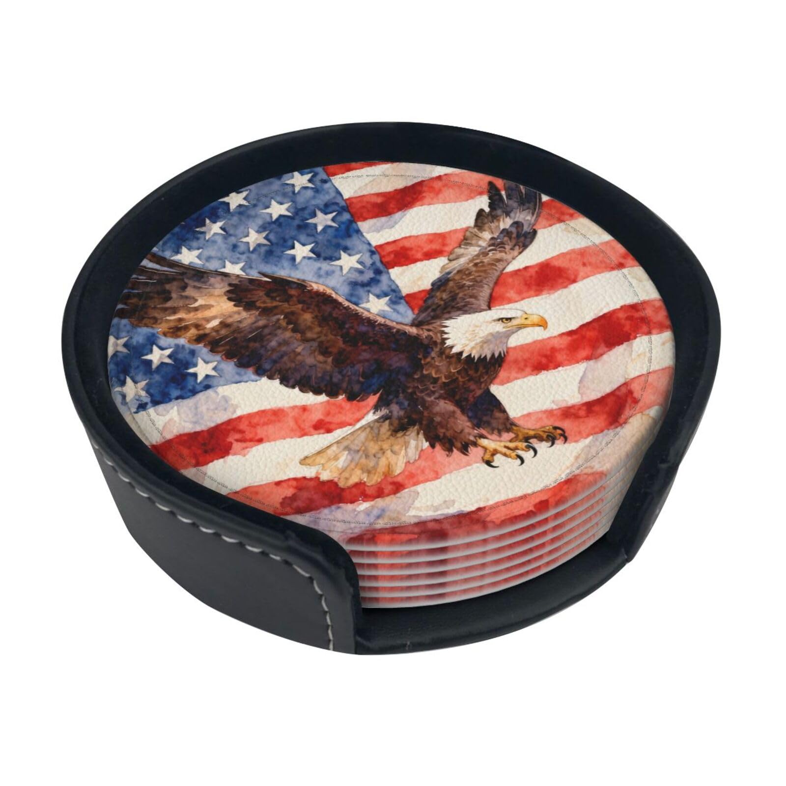 Cntdbu White Veteran Eagle Badge Leather Coasters Set Of 6-Pu Leather Drink Mats For Table, Heat Resistant Round Coasters With Holder