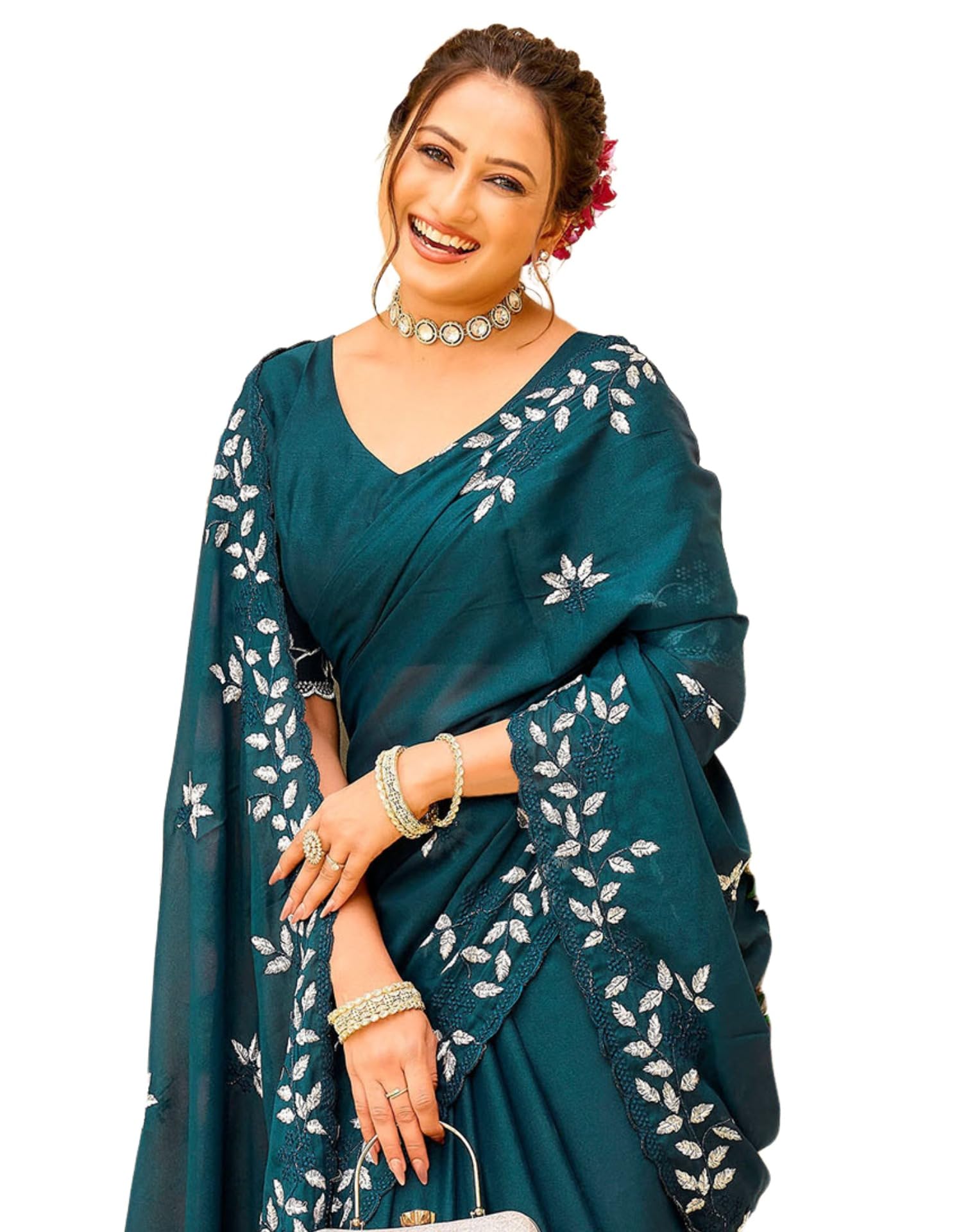 Women's Shimmer Georgette Embroidery & Scalloped Border Saree With Unstitched Blouse Piece