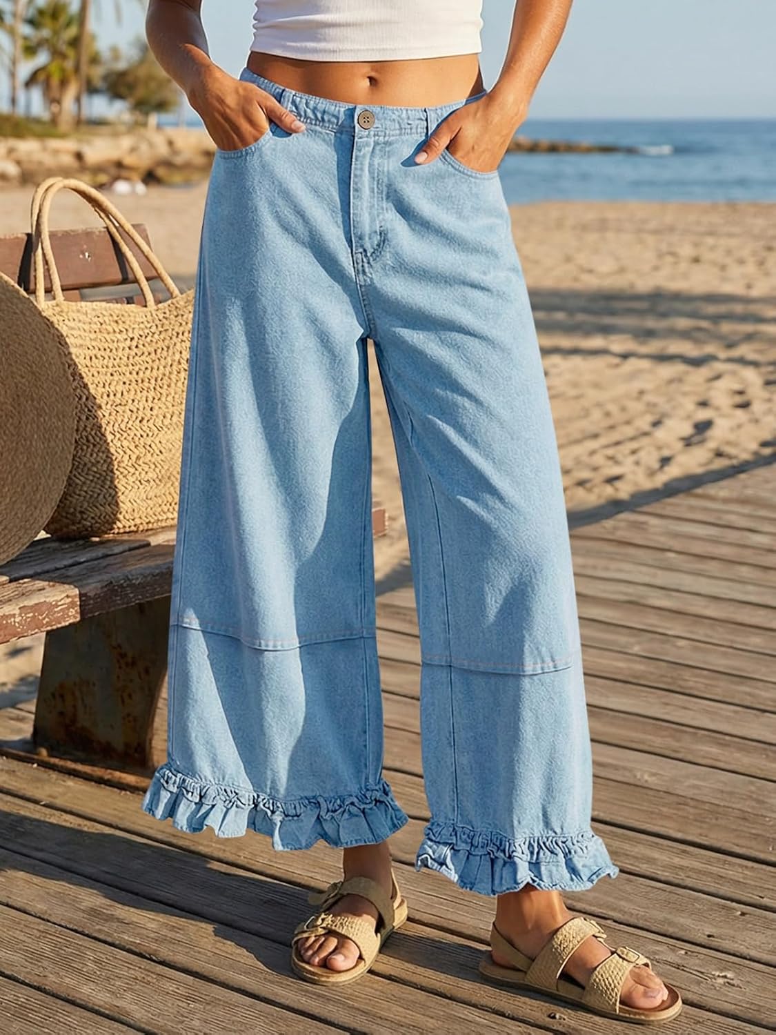 Cicy Bell Womens Ruffle Wide Leg Jeans Cropped Elastic High Waisted Baggy Denim Pants with Pockets